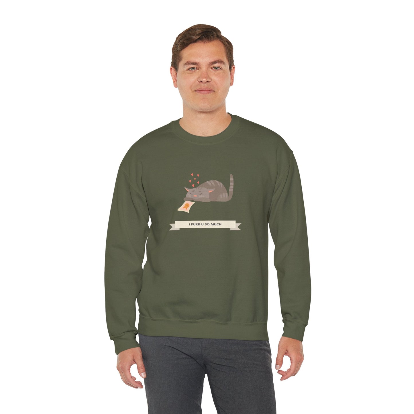 Cat Heart Sweatshirt Unisex 50/50 Cotton Poly Valentine Day Crewneck Gildan 18000