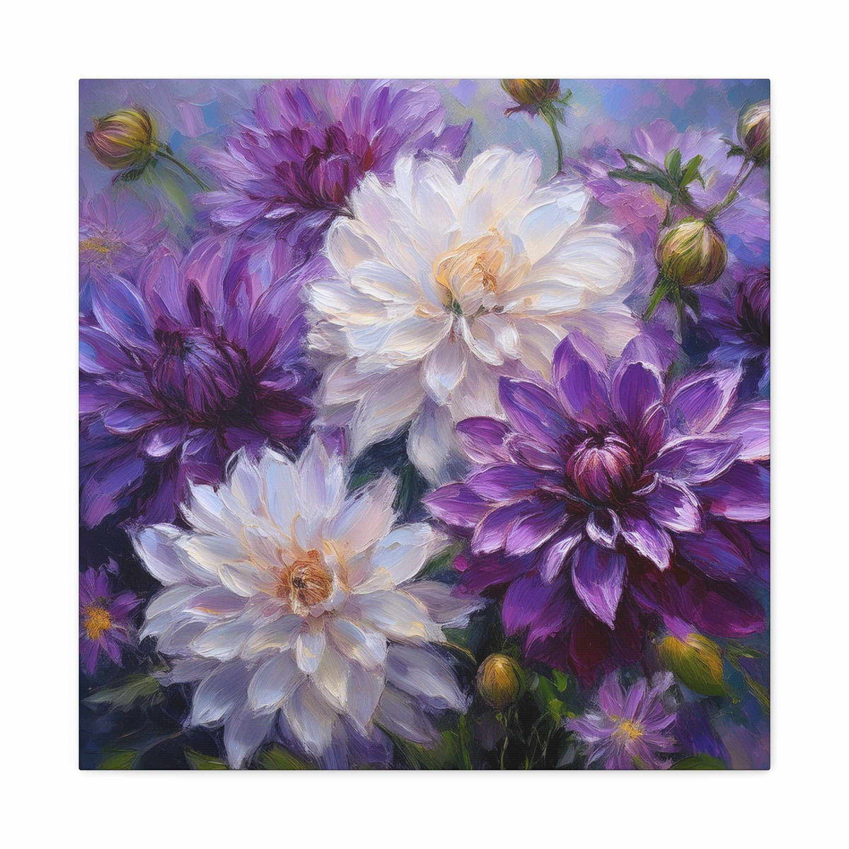 Dahlias Floral Print Canvas, Floral Oil Paint Print 20x20, 24x24, 30x30, 32x32, 36x36 Art Design Pine-Wood Inner Frame MC-171
