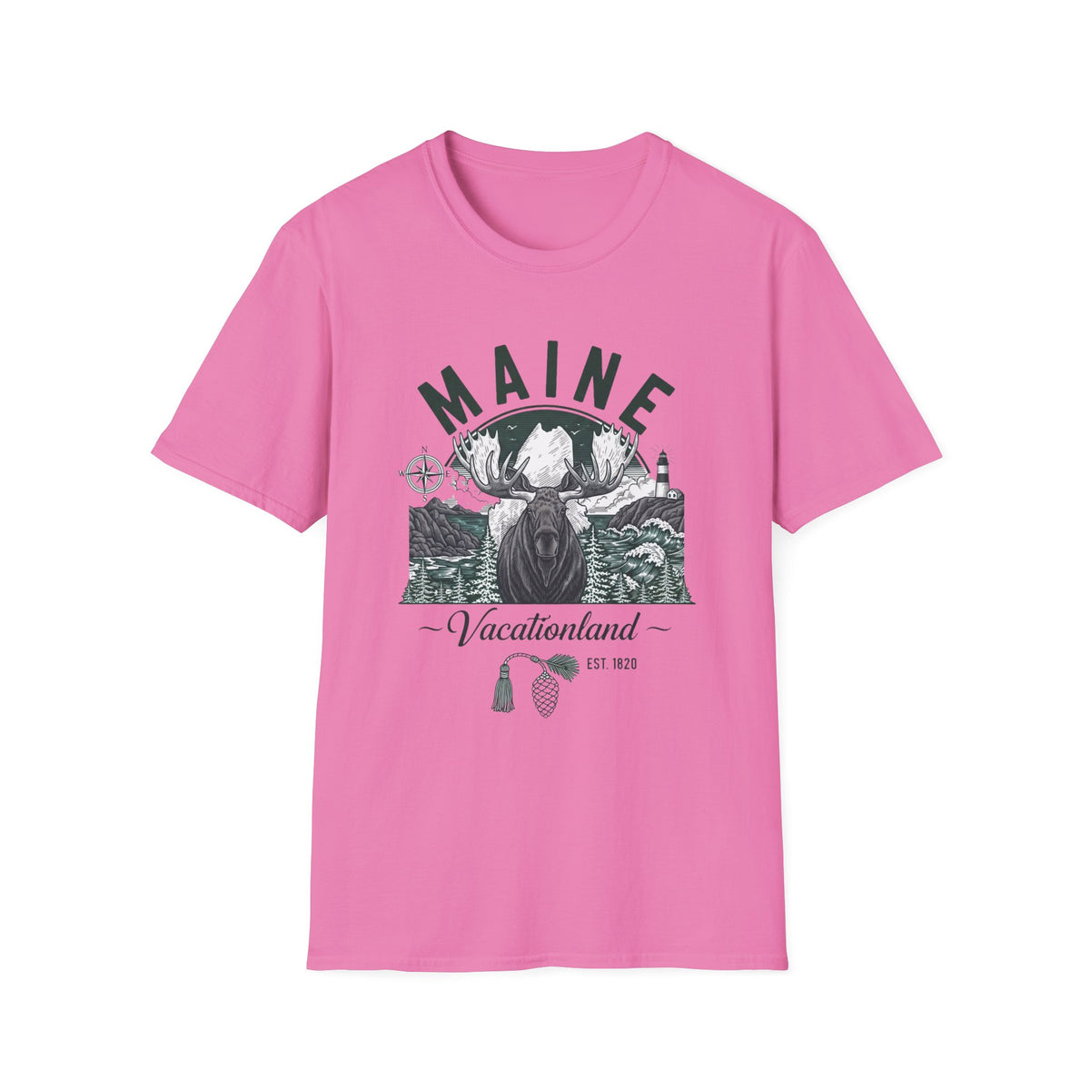 Maine Vacationland Moose T-Shirt — Rustic Coastal State Pride Tee Travel Tourist Graphic Design Unisex 100 Cotton Gildan T-Shirt