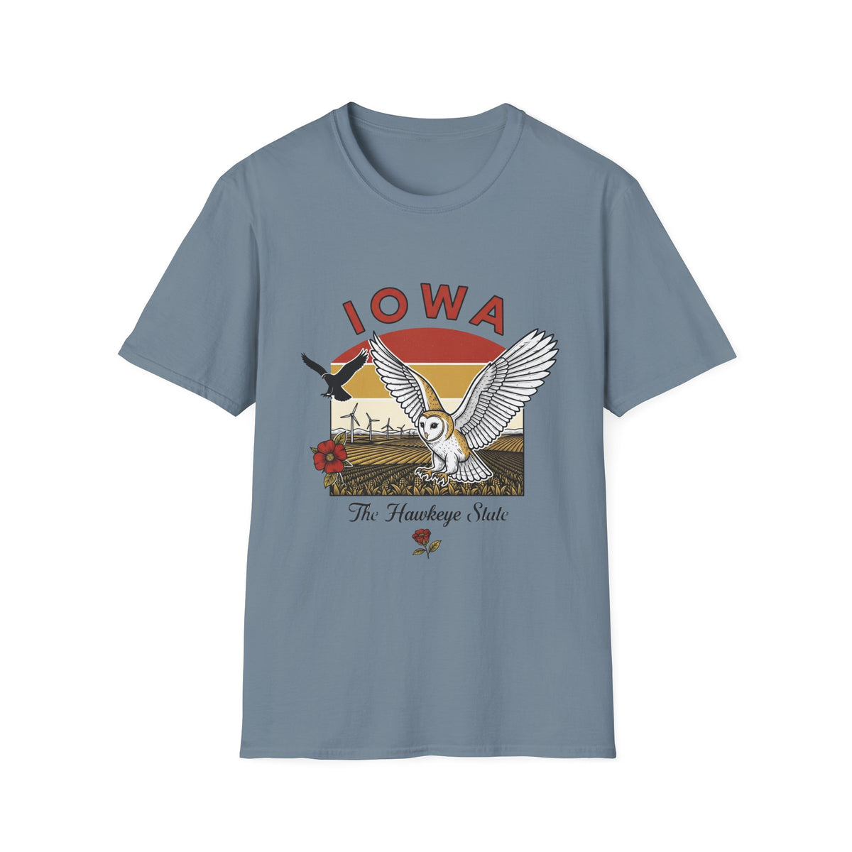 Iowa Barn Owl Tee — The Hawkeye State Vintage Sunset Tee Travel Tourist Graphic Design Unisex 100 Cotton Gildan T-Shirt