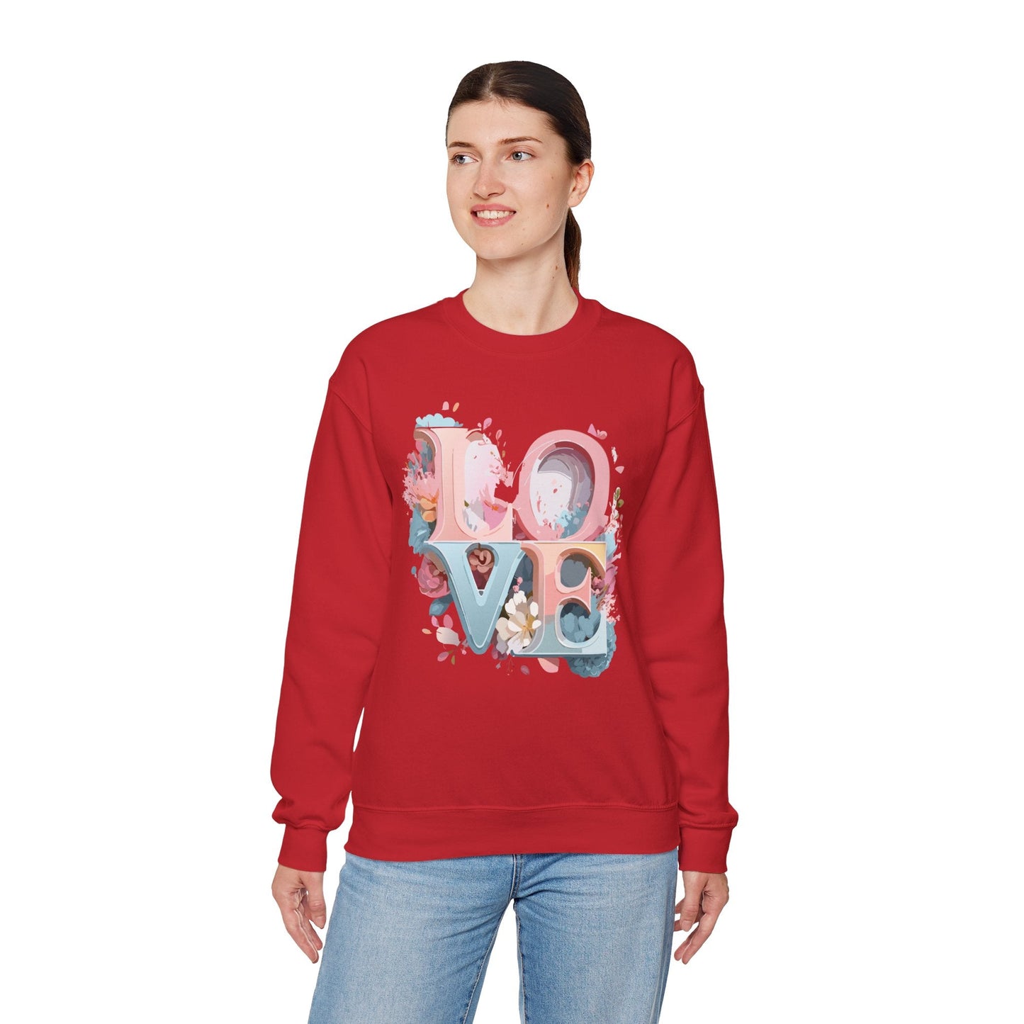 Floral Love Sweatshirt Unisex Crewneck Valentine Day Gift Gildan 18000 Fifty Fifty Cotton Blend