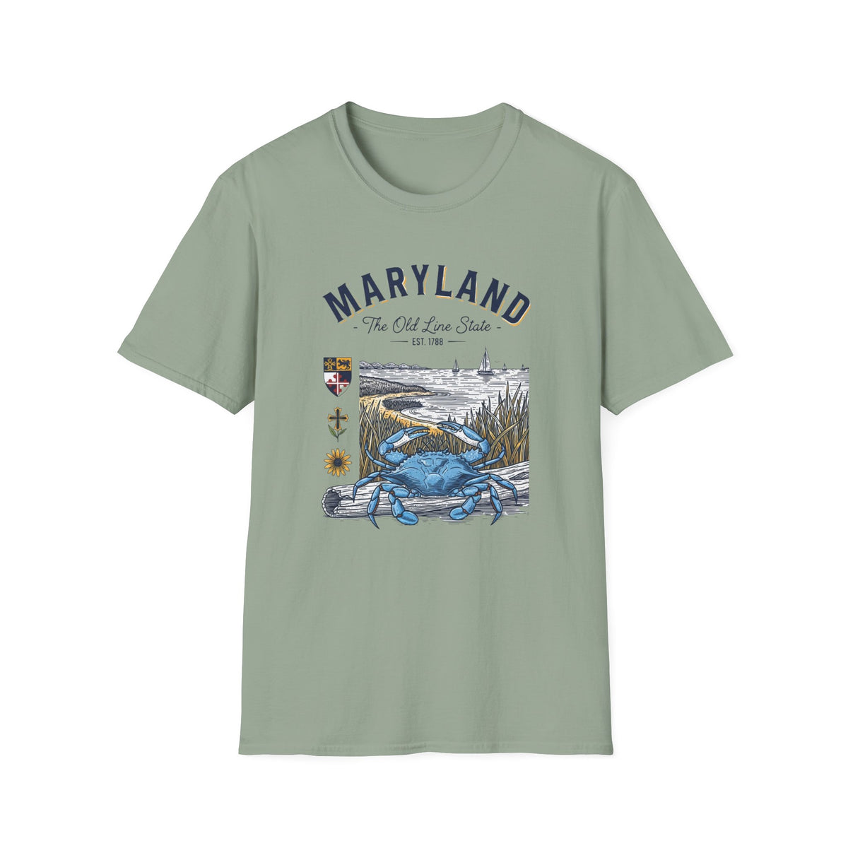 Maryland Blue Crab Scenic T-Shirt — The Old Line State Coastal Design Travel Tourist Graphic Design Unisex 100 Cotton Gildan T-Shirt