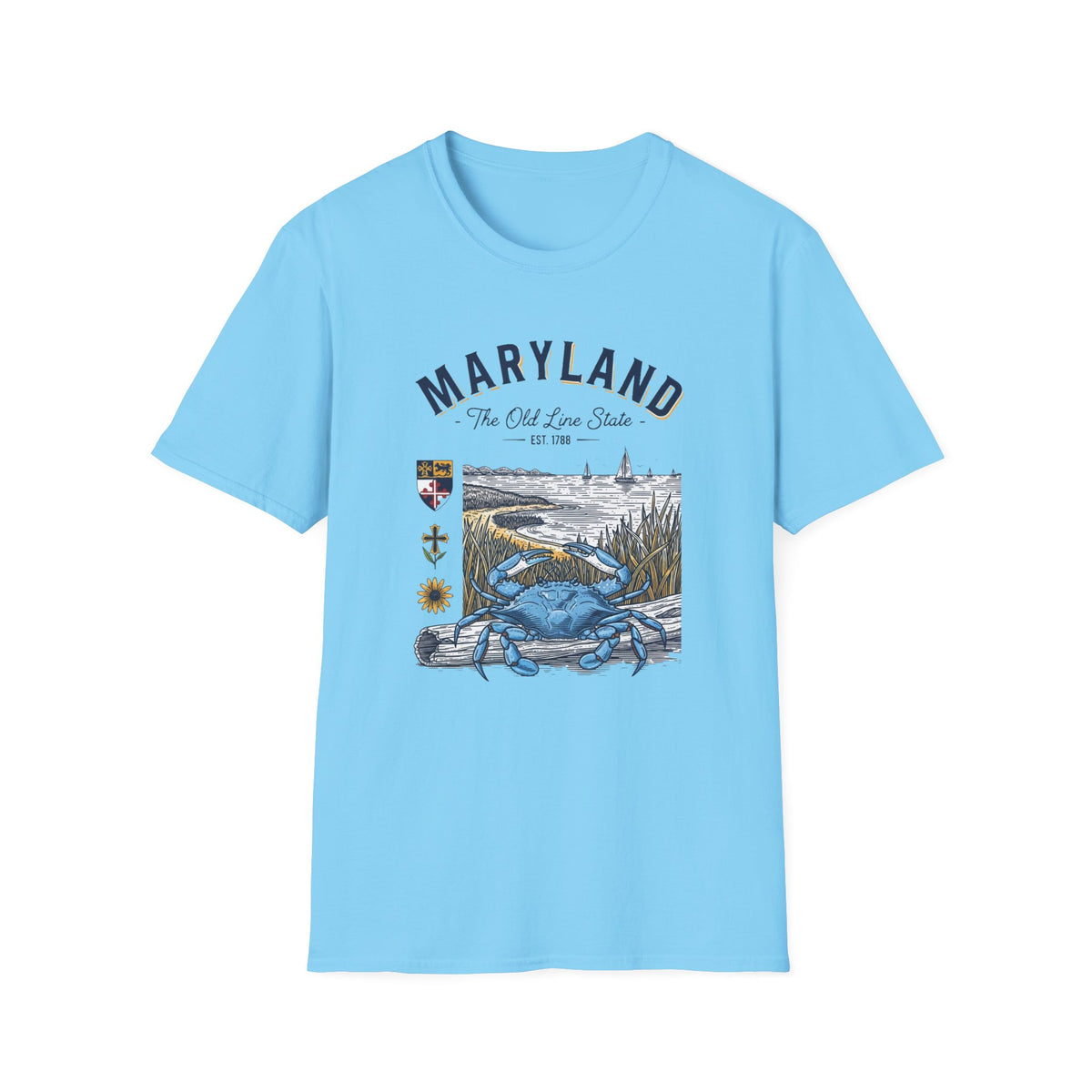 Maryland Blue Crab Scenic T-Shirt — The Old Line State Coastal Design Travel Tourist Graphic Design Unisex 100 Cotton Gildan T-Shirt