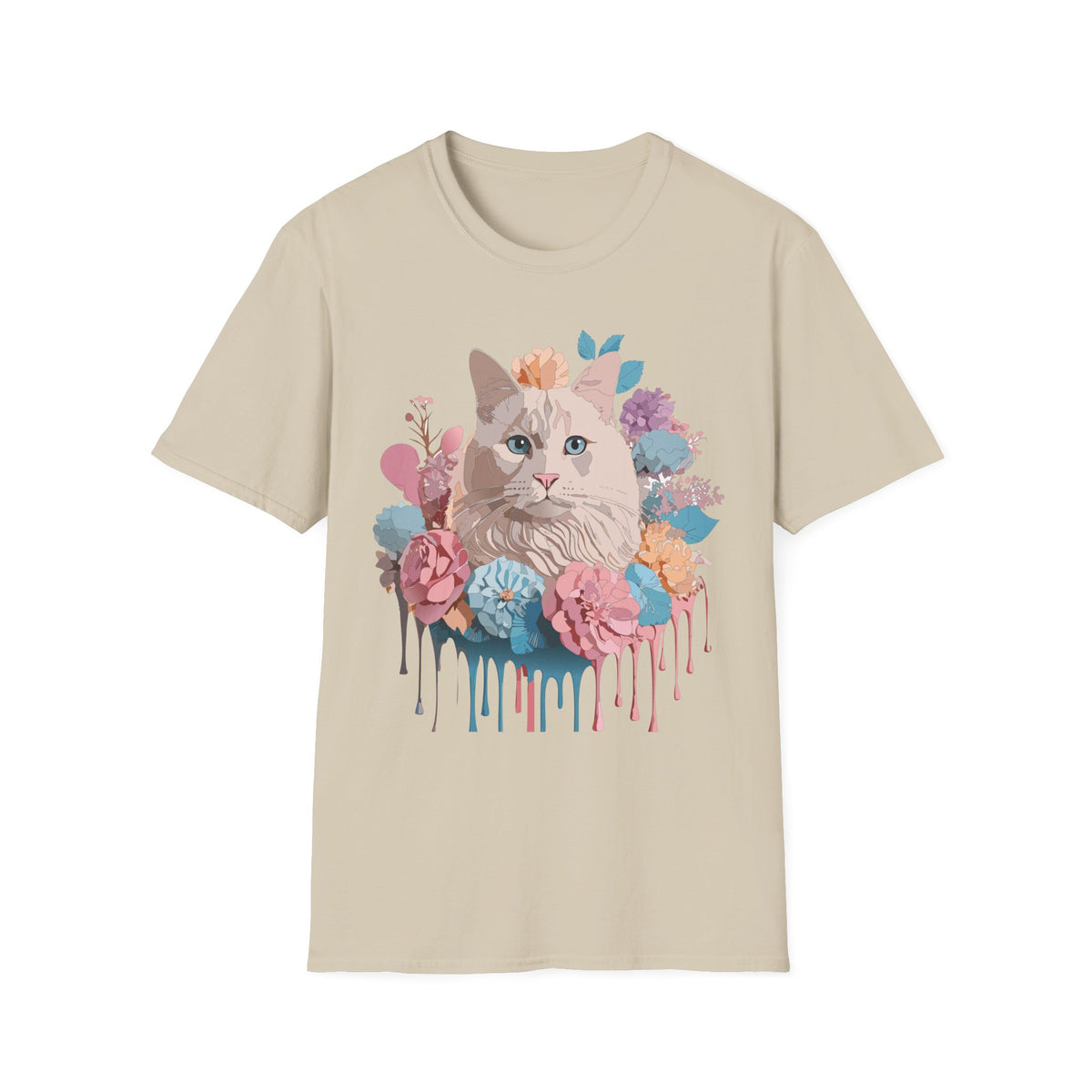 Floral Cat Portrait T-Shirt | Watercolor Kitty with Flowers
