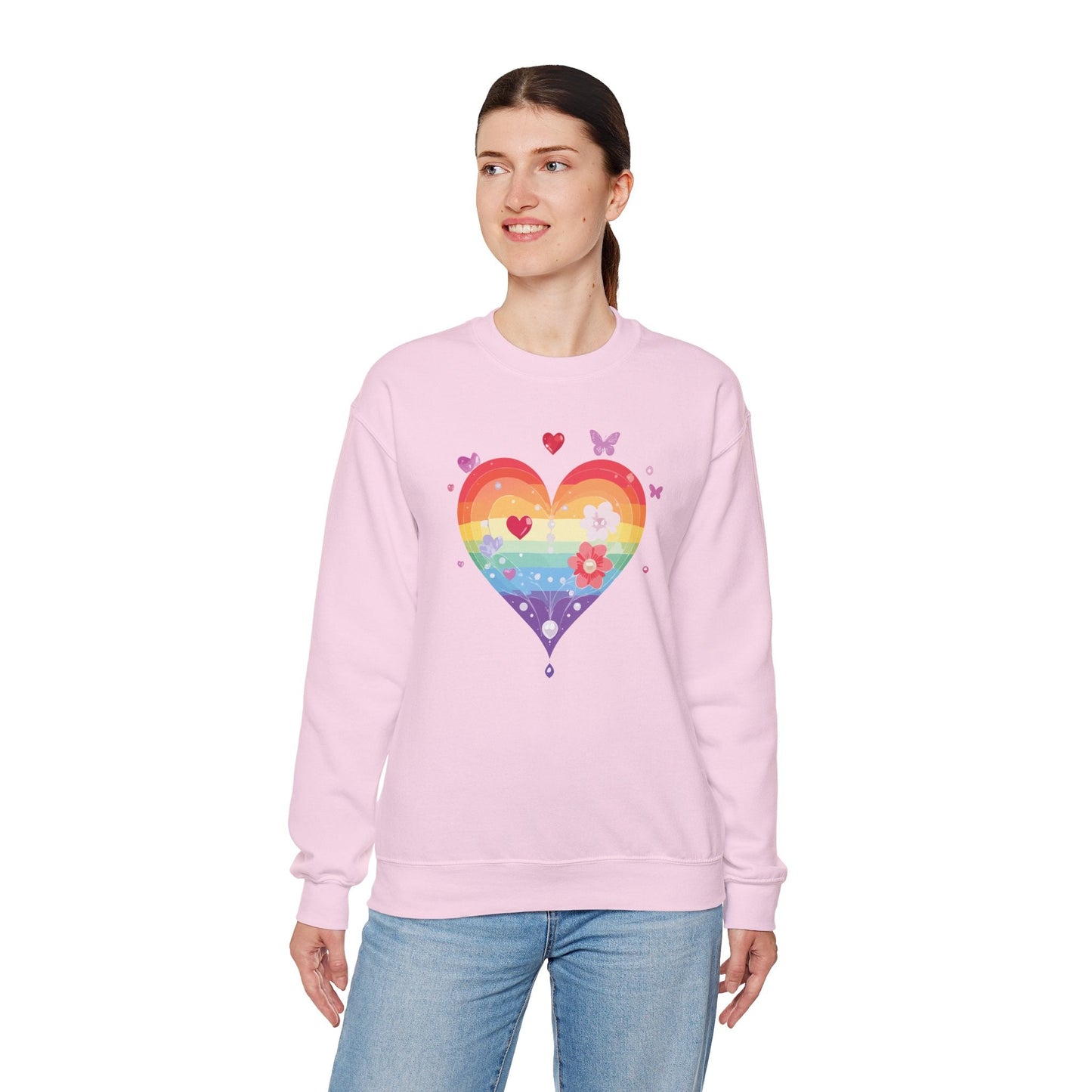 Rainbow Heart Floral Sweatshirt Unisex Valentines Day Graphic Love Sweatshirt Gift Idea