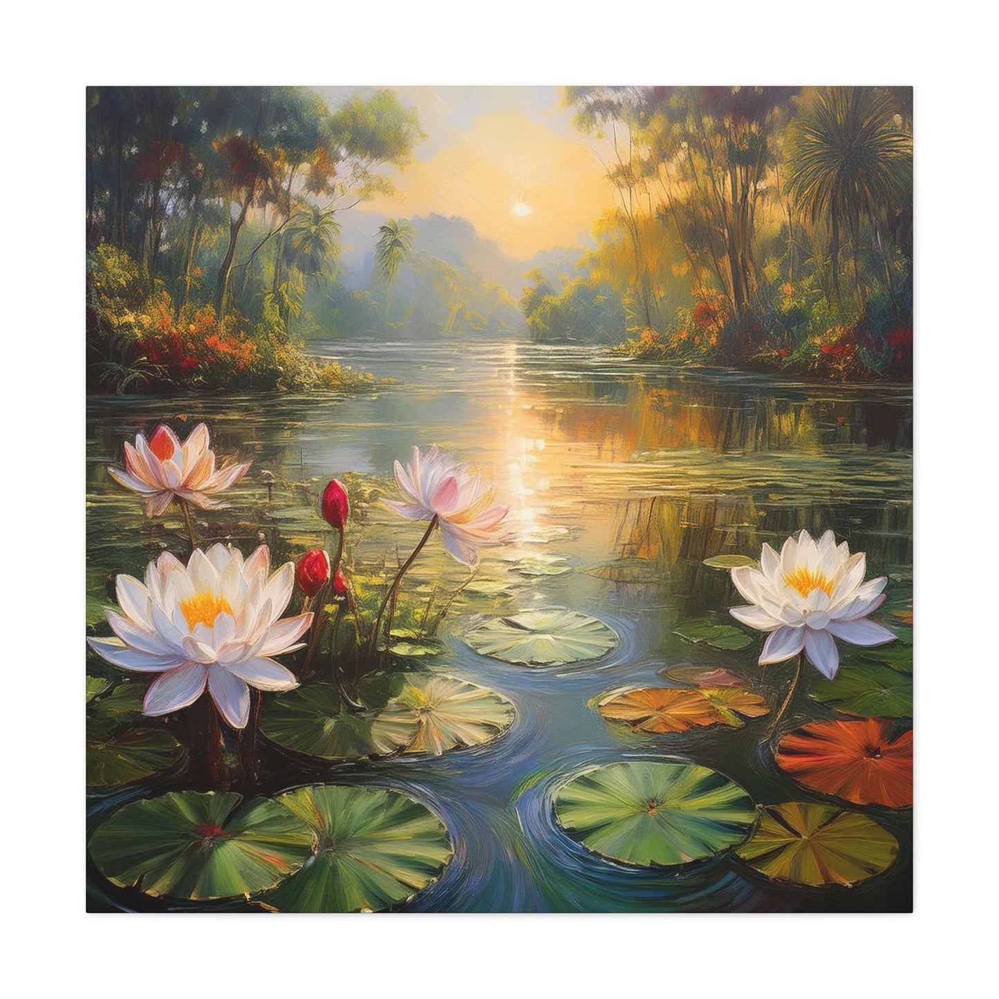 Water Lilies Print Canvas, Oil Paint Print 20x20, 24x24, 30x30, 32x32, 36x36 Floral Art Print Pine-Wood Inner Frame MC-65