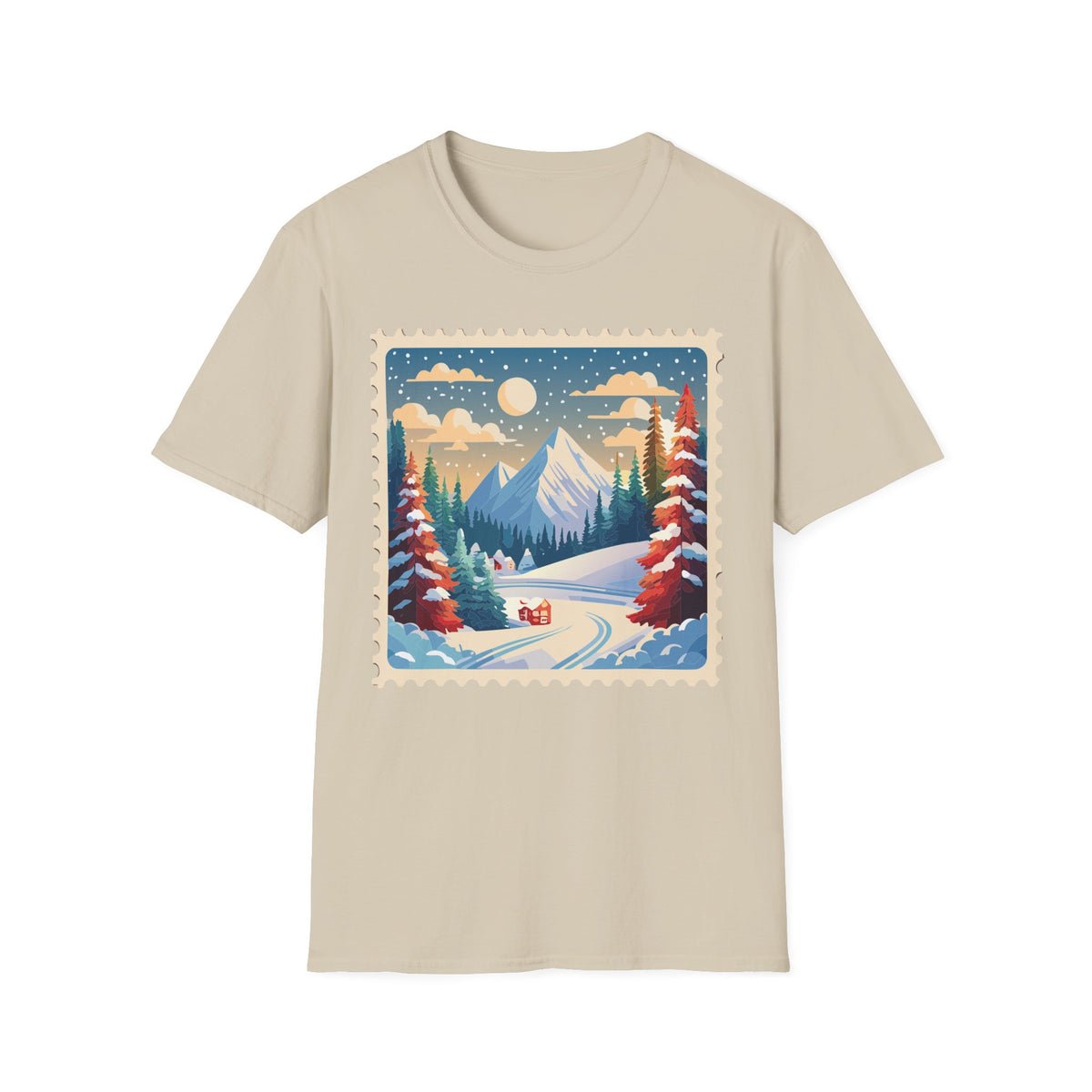 Vintage Winter Mountain Scene T-Shirt | Snowy Peaks Forest Illustration
