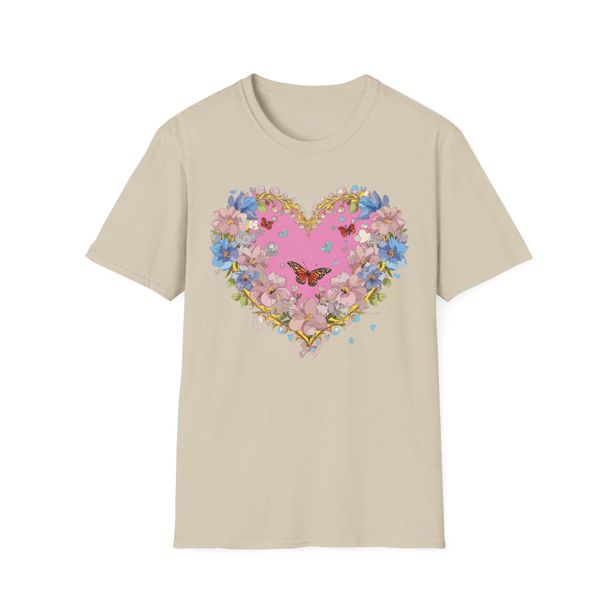 Floral Heart with Butterfly T-Shirt | Pink Bloom Love Graphic Tee Unisex 100 Cotton Gildan T-Shirt