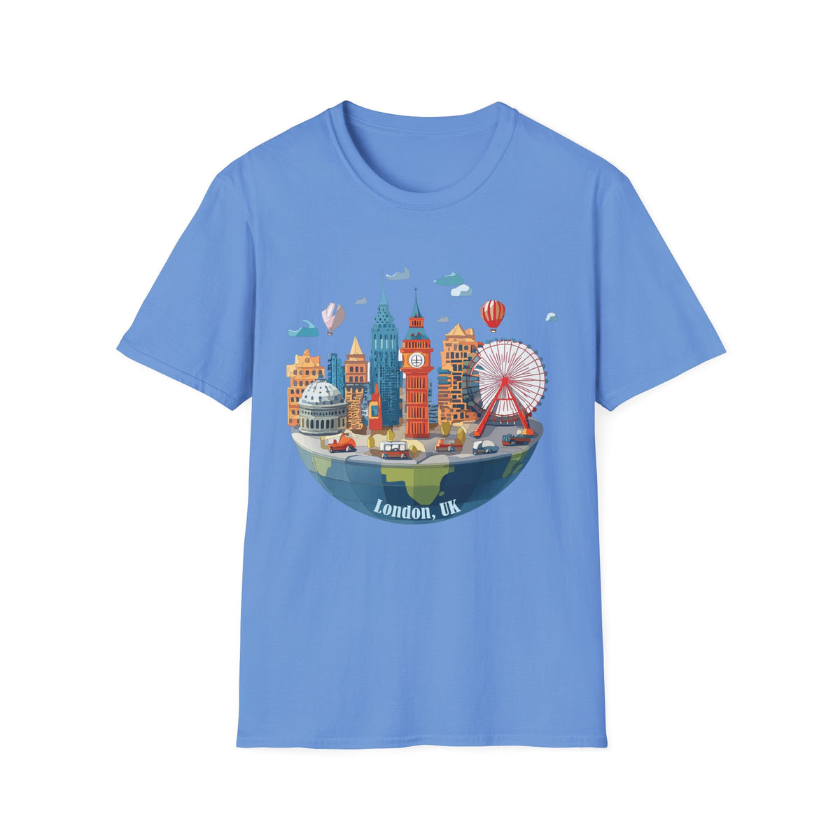 London Skyline Illustration T-Shirt | Big Ben, London Eye, Hot Air Balloons