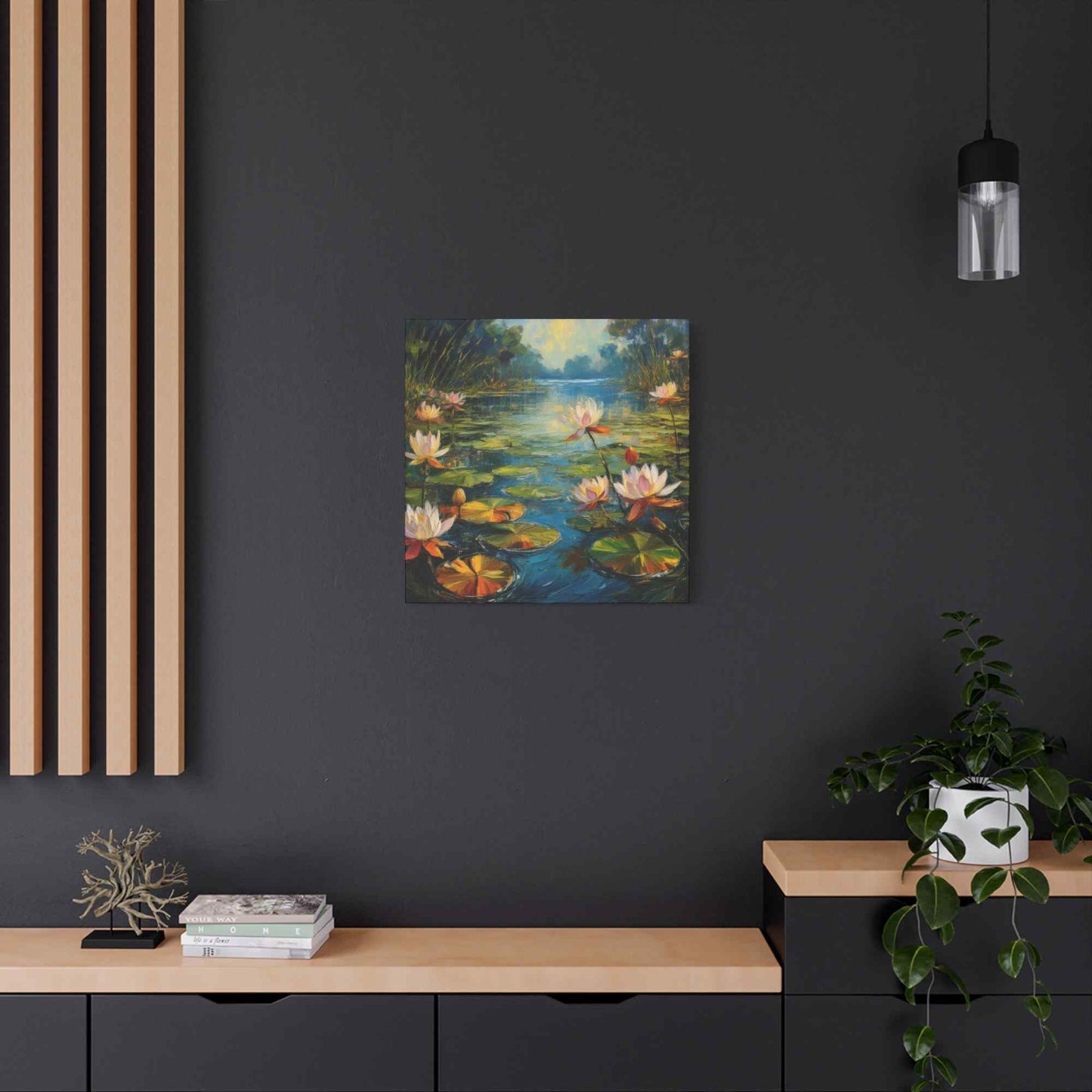 Water Lilies Print Canvas, Oil Paint Print 20x20, 24x24, 30x30, 32x32, 36x36 Art Design Print Pine-Wood Inner Frame MC-62