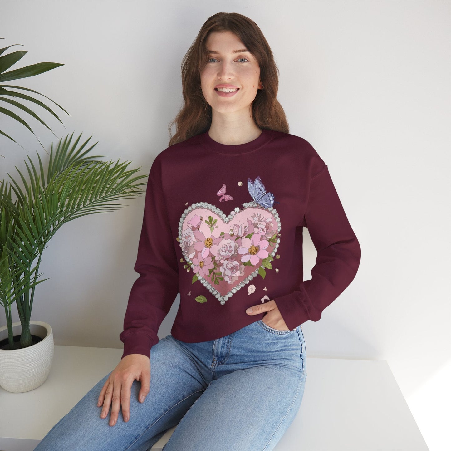 Floral Heart Sweatshirt for Unisex Valentines Day Crewneck Heart Floral Print Gift
