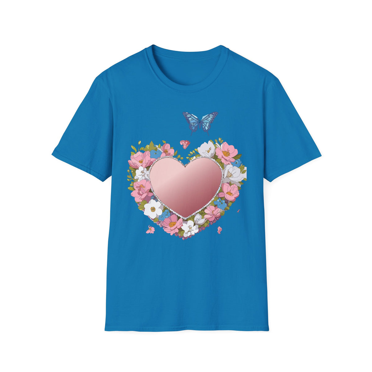 Floral Heart with Blue Butterfly T-Shirt | Pink Heart Floral Graphic Tee Unisex 100 Cotton Gildan T-Shirt
