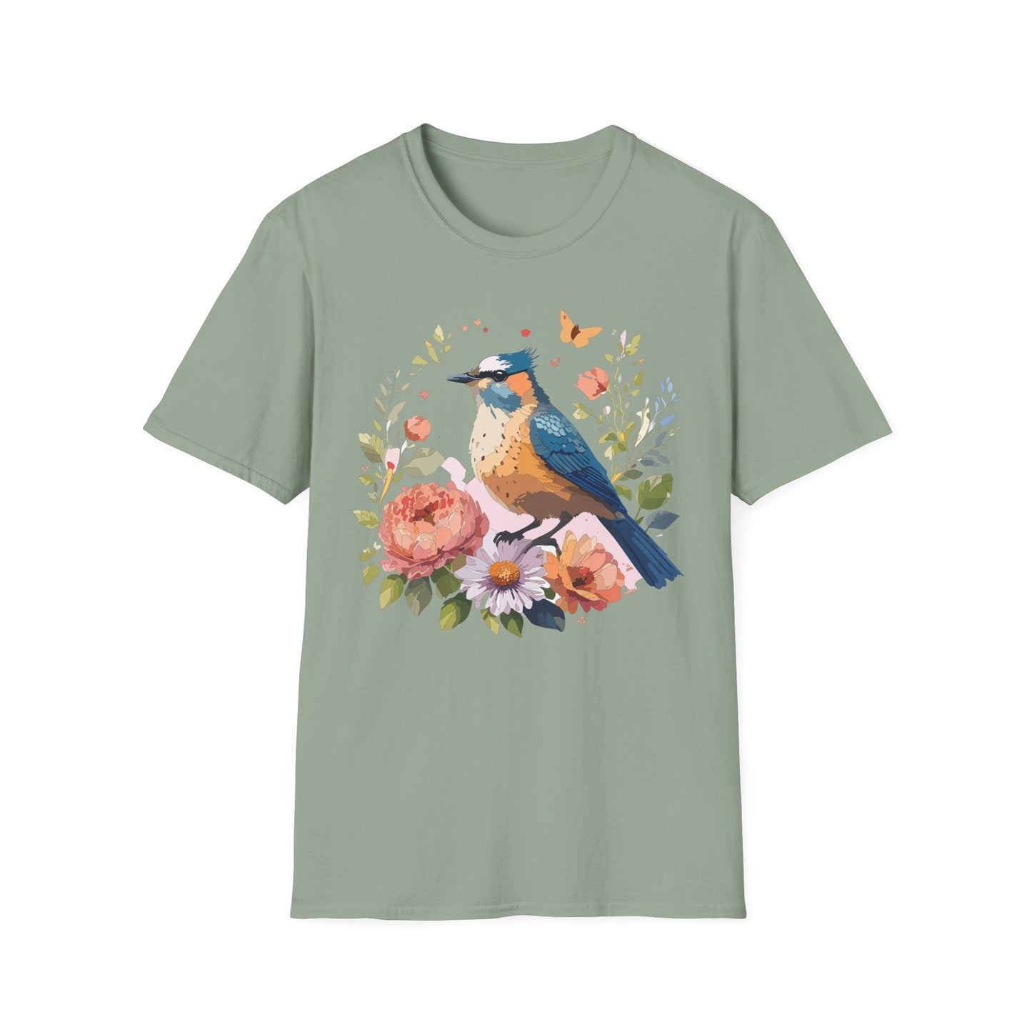 Floral Bluebird T-Shirt Unisex Cotton Short Sleeves Tee Shirt with Bird 3