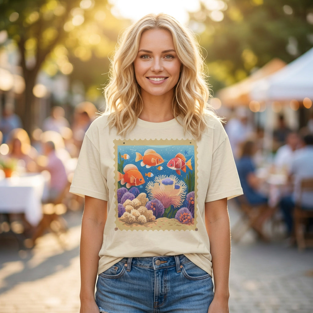 Goldfish Aquarium Illustration T-Shirt | Underwater Coral Reef Stamp Graphic Tee Unisex 100 Cotton Gildan T-Shirt