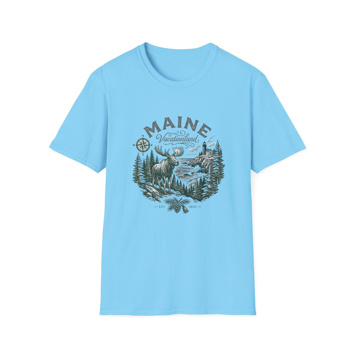 Maine Wilderness Moose Graphic T-Shirt — Vintage State Nature Travel Tourist Graphic Design Unisex 100 Cotton Gildan T-Shirt