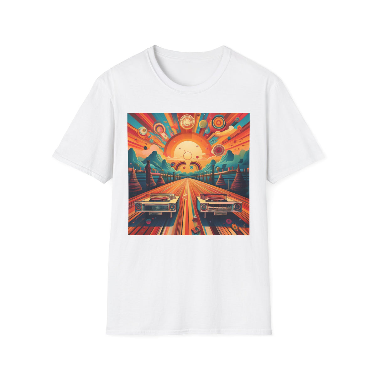 Retro Sunburst Road Trip Graphic Posters, Post Stamps Design Unisex 100 Cotton Gildan T-Shirt