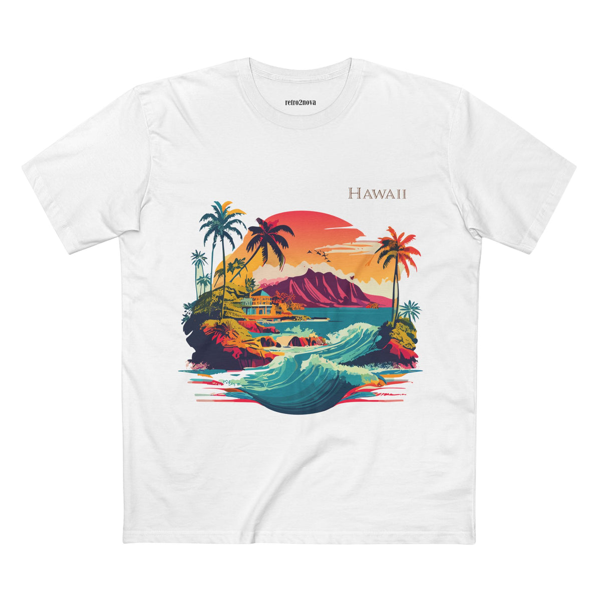 Hawaii Retro Sunset Surf Scene Tee | Palm Trees, Waves, Island Graphic