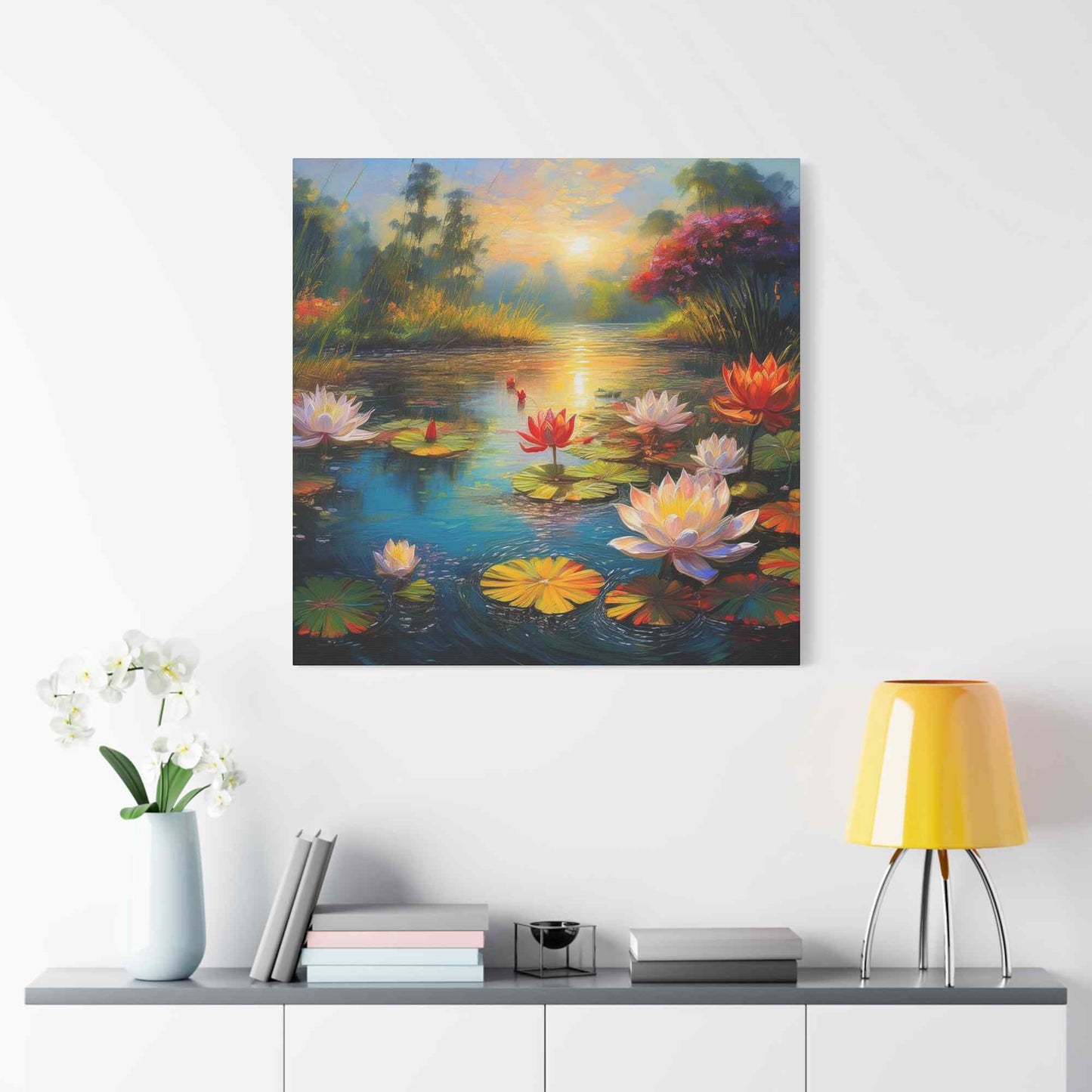 Water Lilies Print Canvas, Oil Paint Print 20x20, 24x24, 30x30, 32x32, 36x36 Floral Art Print Pine-Wood Inner Frame MC-67