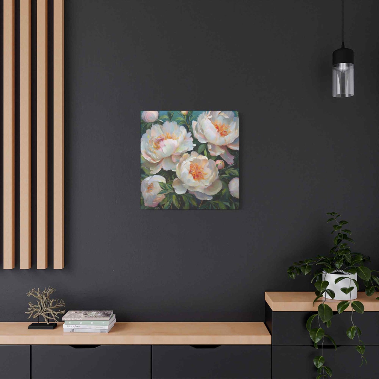 White Peonies Print Canvas, Floral Oil Paint Print 20x20, 24x24, 30x30, 32x32, 36x36 Art Design Pine-Wood Inner Frame MC-123