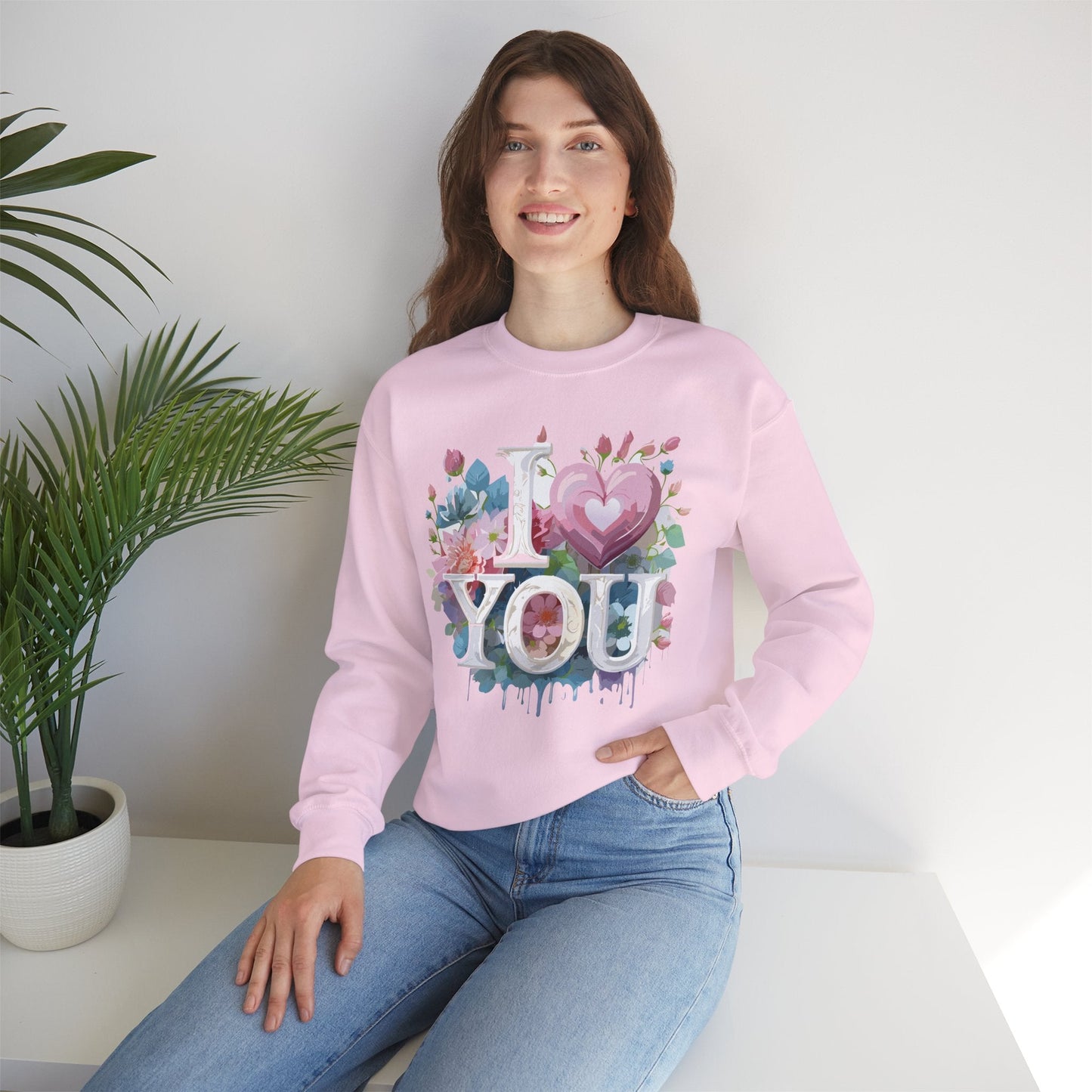 Floral Love Sweatshirt Unisex Valentine Day Flower Print Crewneck Gildan 18000 Cozy