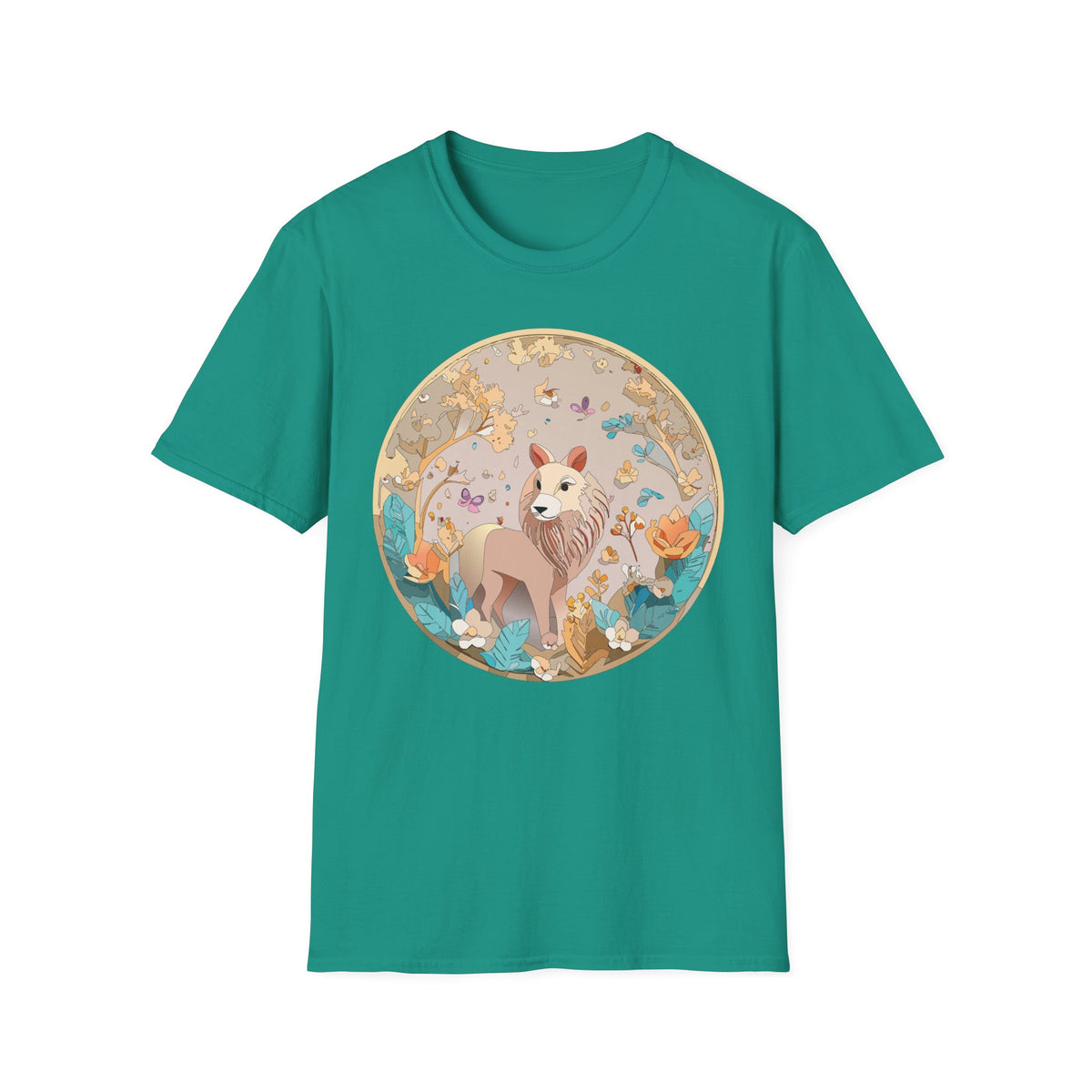 Whimsical Lion Garden Illustration T-Shirt | Floral Circle Art