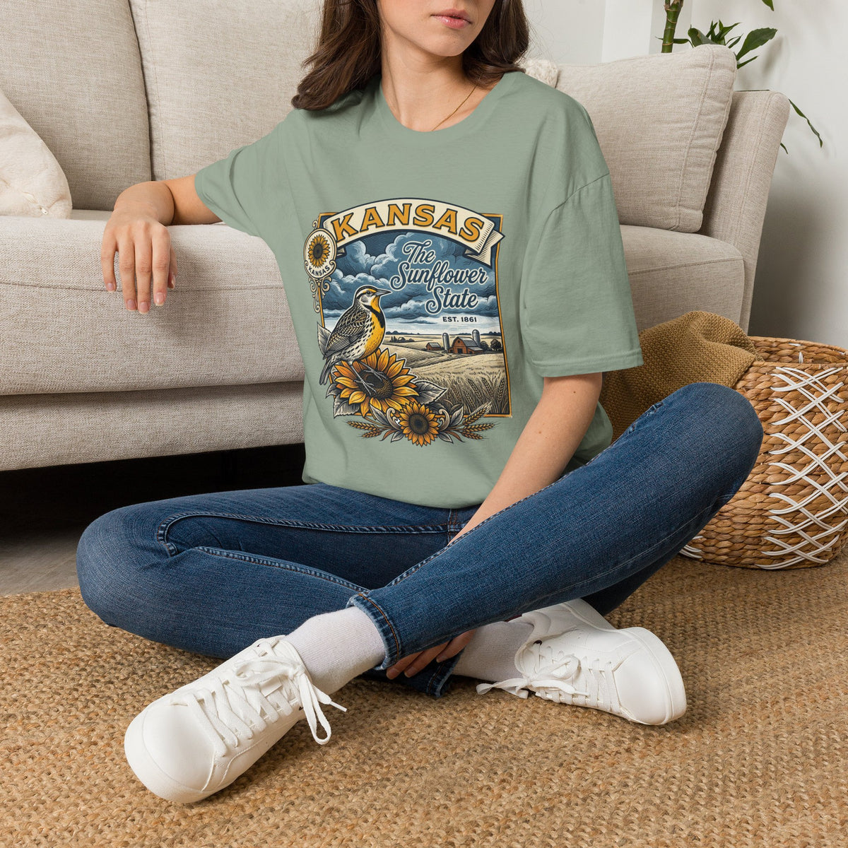 Kansas Sunflower State T-Shirt | Meadow Bird Vintage Travel Tourist Graphic Design Unisex 100 Cotton Gildan T-Shirt