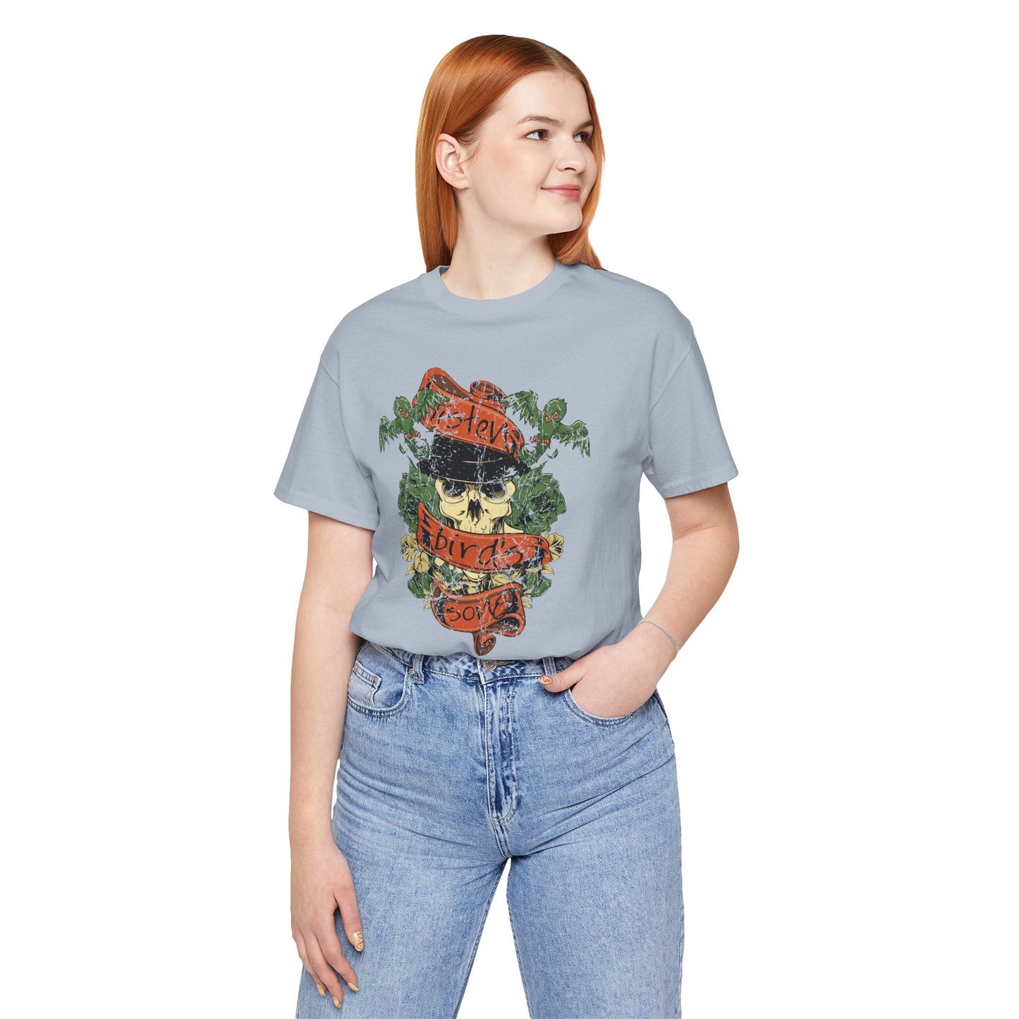 Skull Floral Tattoo Style Graphic Design Unisex Cotton T-Shirt Art-38
