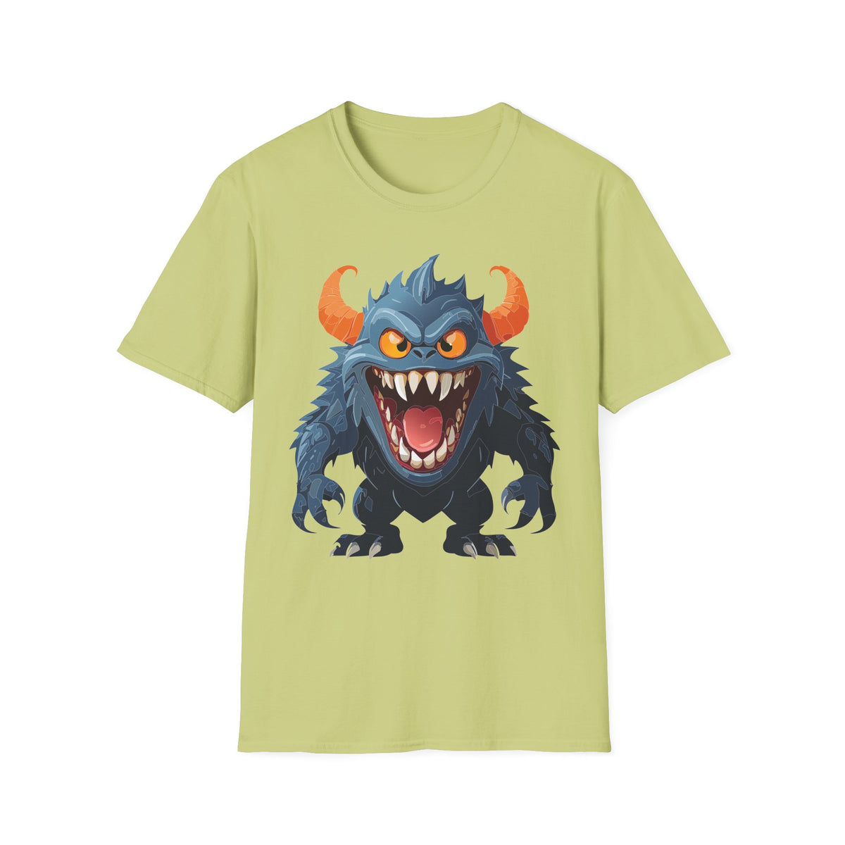Monster Graphic T-Shirt — Fierce Blue Horned Creature Cartoon Graphic Tee Unisex 100 Cotton Gildan T-Shirt