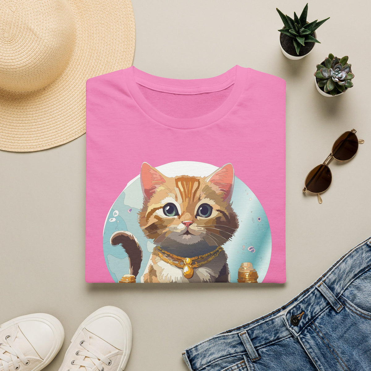 Lucky Cat Illustration T-Shirt | Cute Kitten with Coins