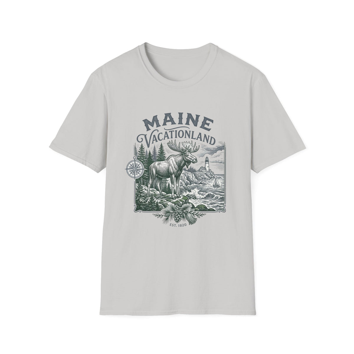 Maine Vacationland T-Shirt – Vintage Moose, Lighthouse State Travel Travel Tourist Graphic Design Unisex 100 Cotton Gildan T-Shirt
