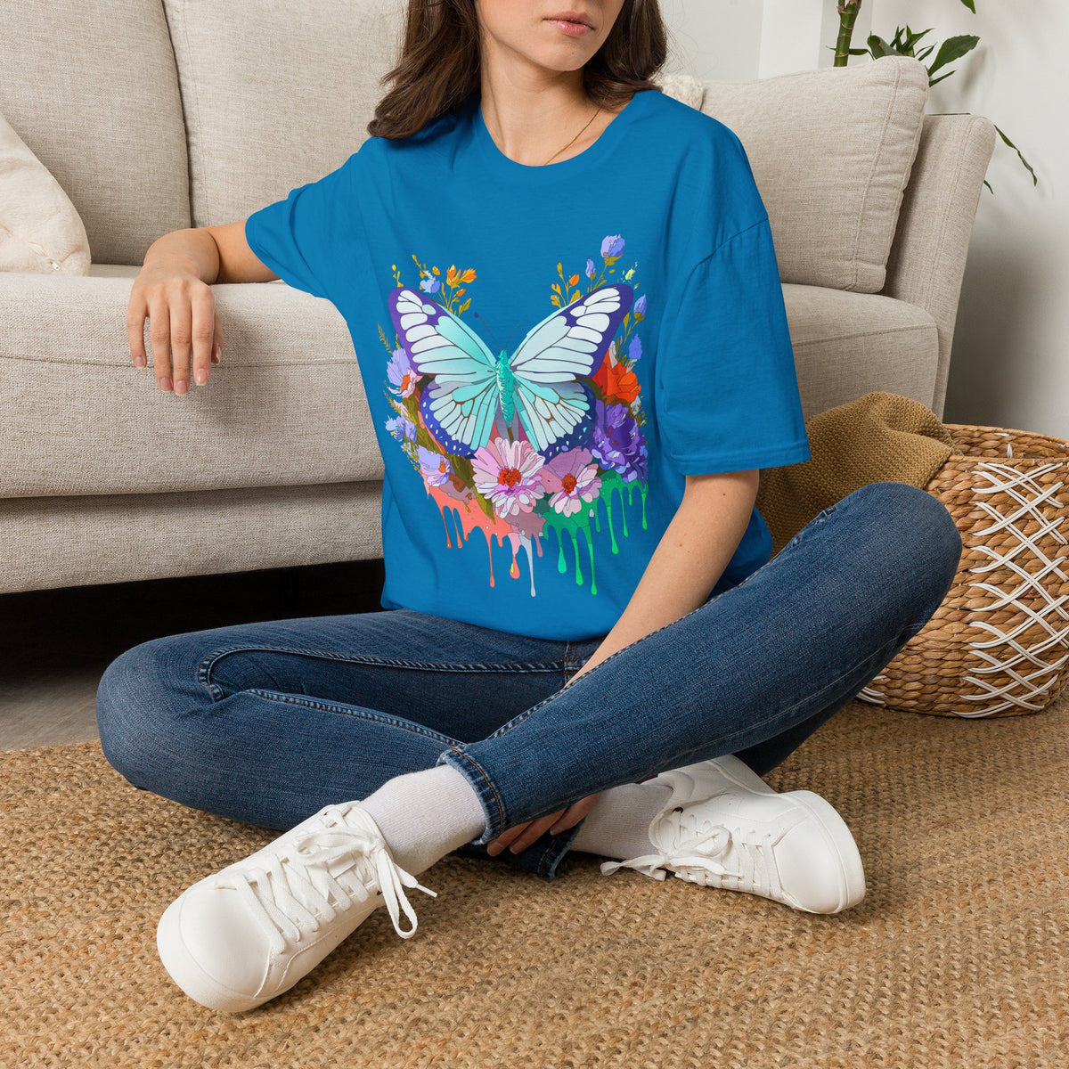 Butterfly Floral Drip T-Shirt — Teal Butterfly with Watercolor Flowers Graphic Tee Unisex 100 Cotton Gildan T-Shirt
