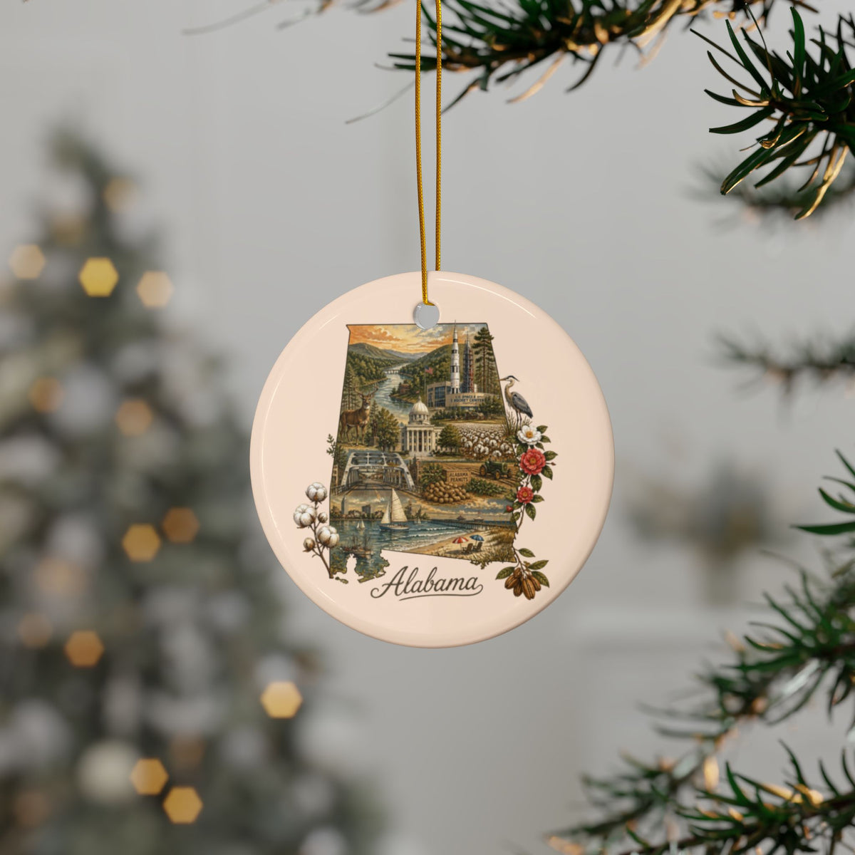 Alabama State Collage Ornament | Ceramic Round Double-Sided - 2.99" Includes Gold String