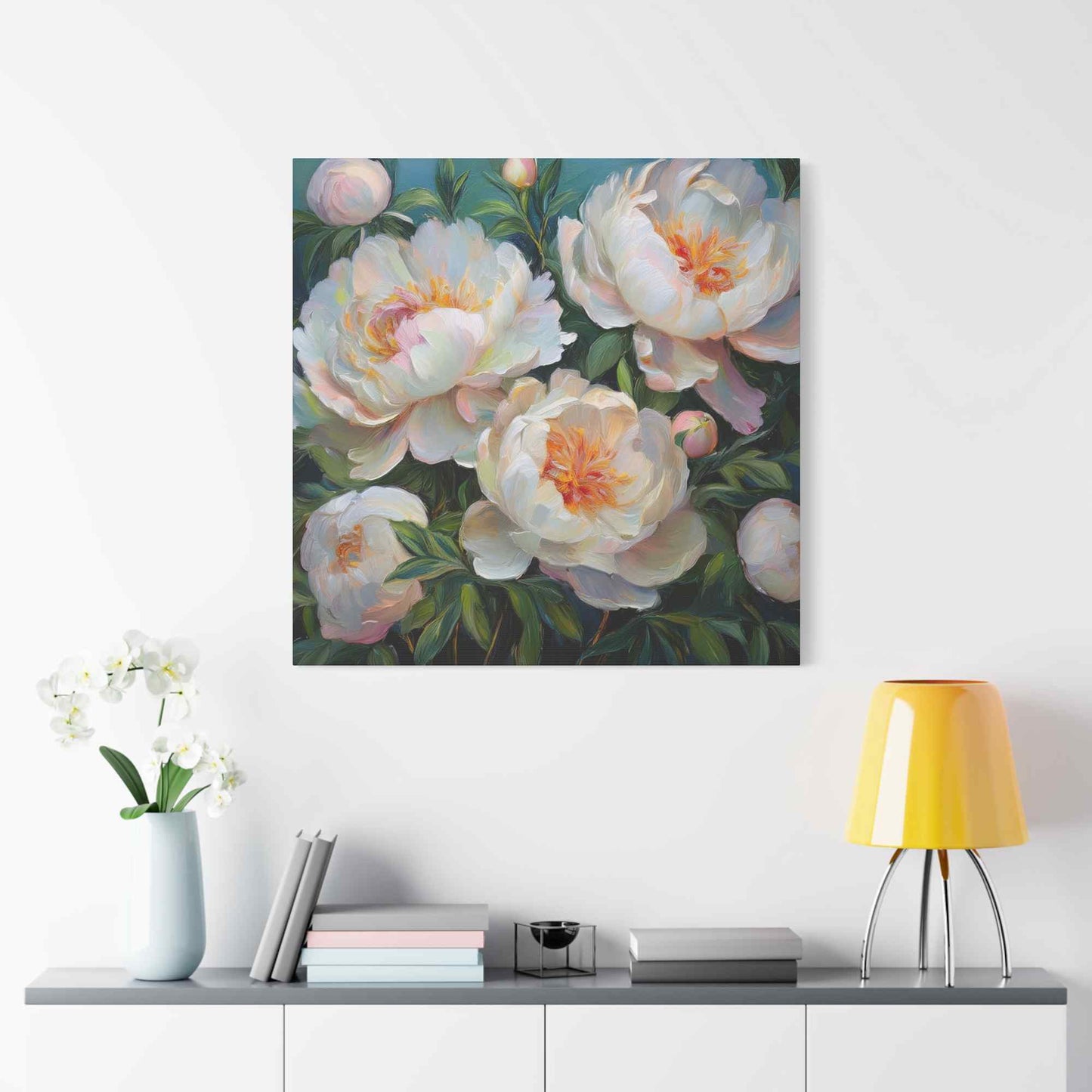 White Peonies Print Canvas, Floral Oil Paint Print 20x20, 24x24, 30x30, 32x32, 36x36 Art Design Pine-Wood Inner Frame MC-123