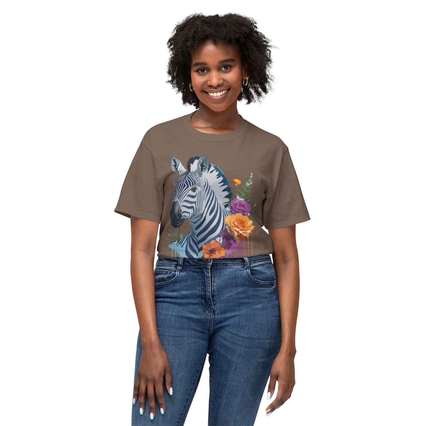 Unisex Zebra T Shirt With Floral Art Print Premium HD Cotton Jersey Tee Made In USA