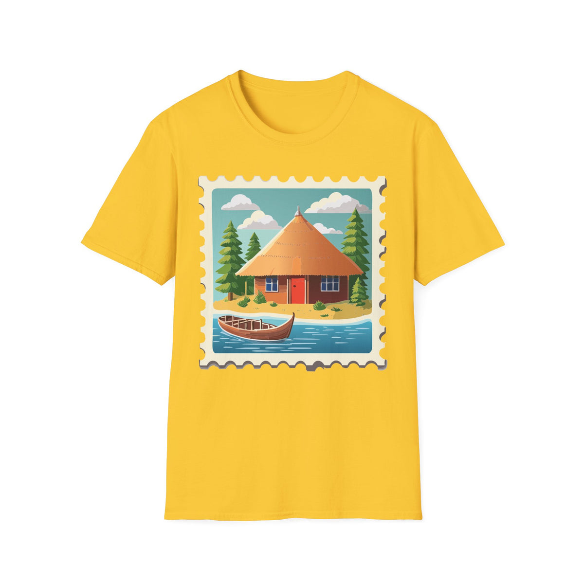 Cozy Lakeside Cottage Illustration T-Shirt | Retro Stamp Artwork