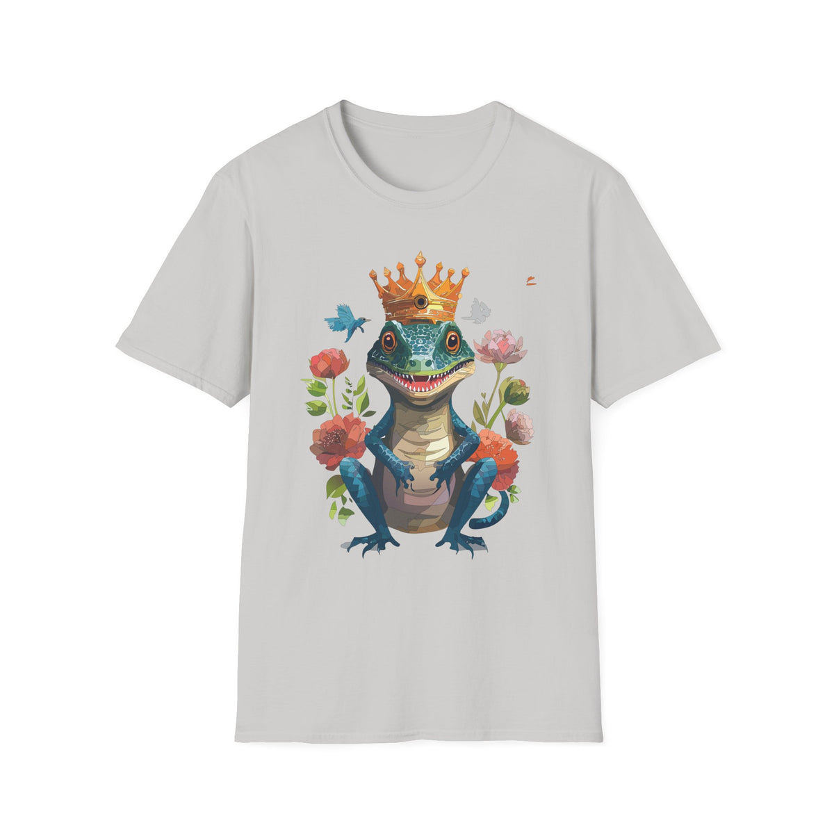 Crowned Lizard Illustration T-Shirt | Regal Gecko with Flowers