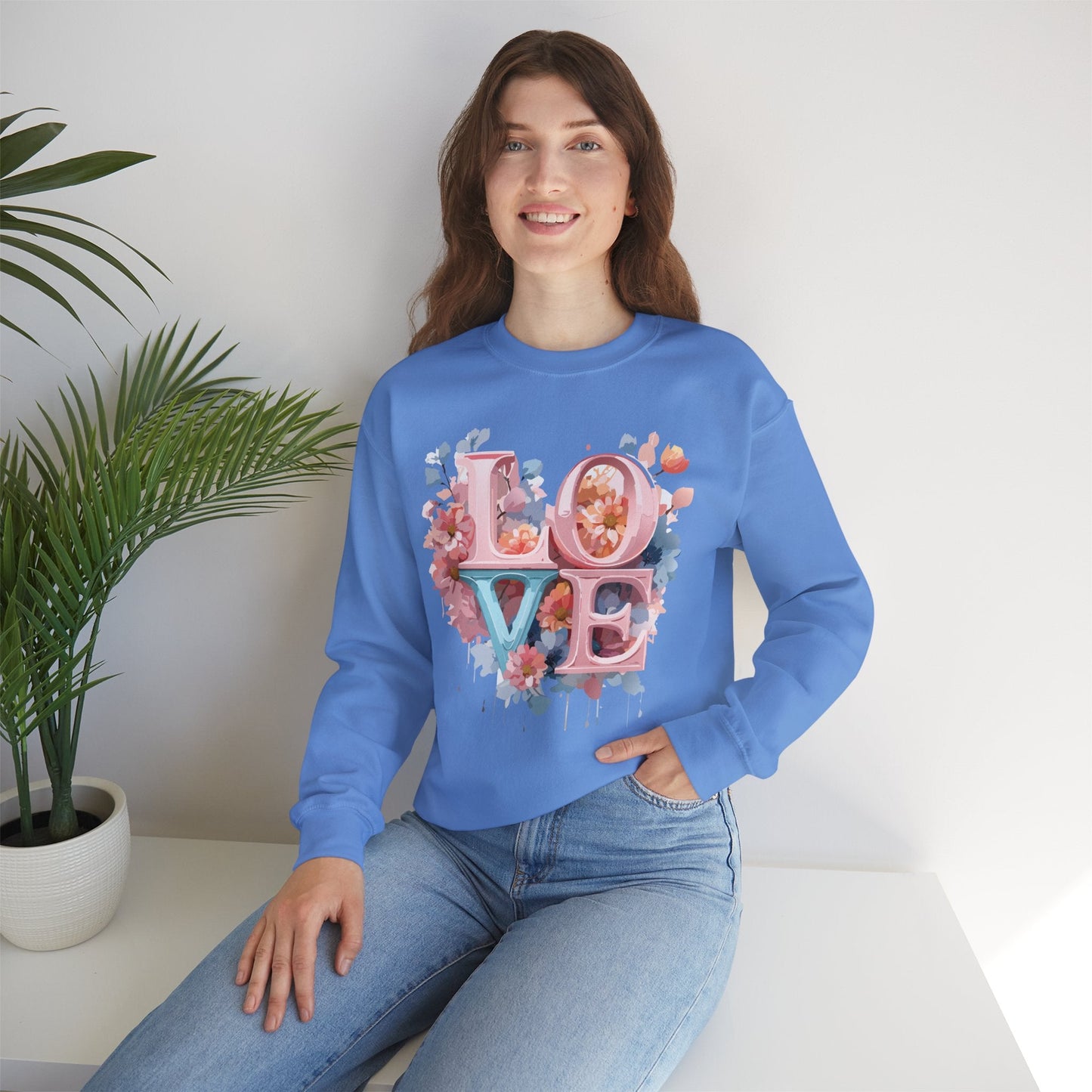 Floral Love Sweatshirt Valentines Day Unisex Heavy Blend Crewneck Gildan 18000 Cotton Polyester
