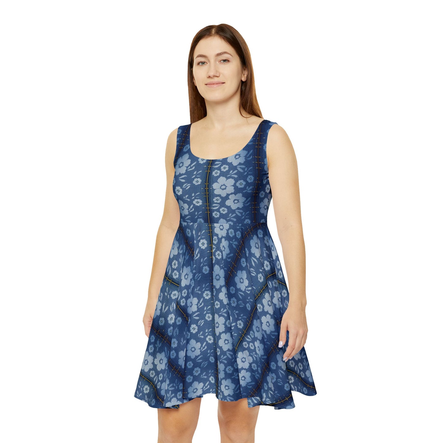 Women Denim Print Skater Dress, Denim Print Poly-Span Dress - 31