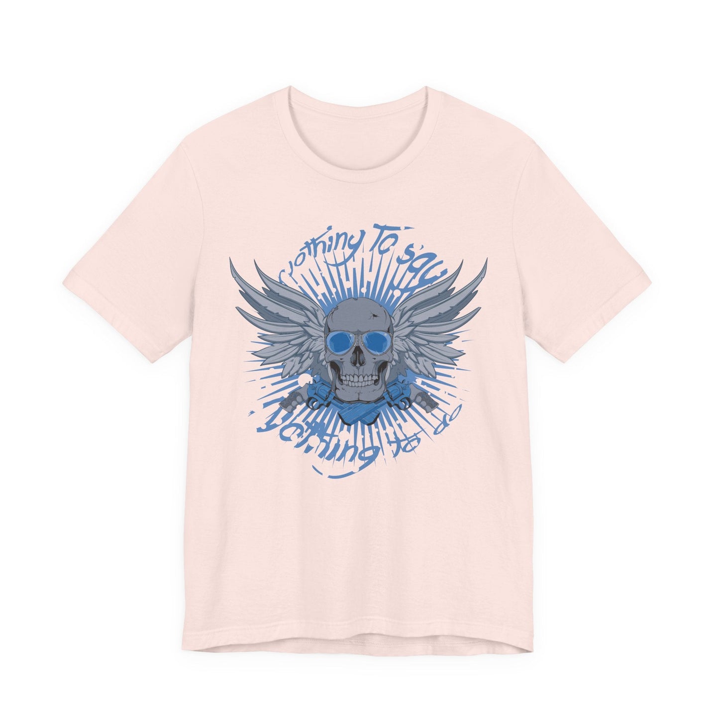 Winged Skull Graphic Tee | Blue Skull with Wings, Radiant Burst