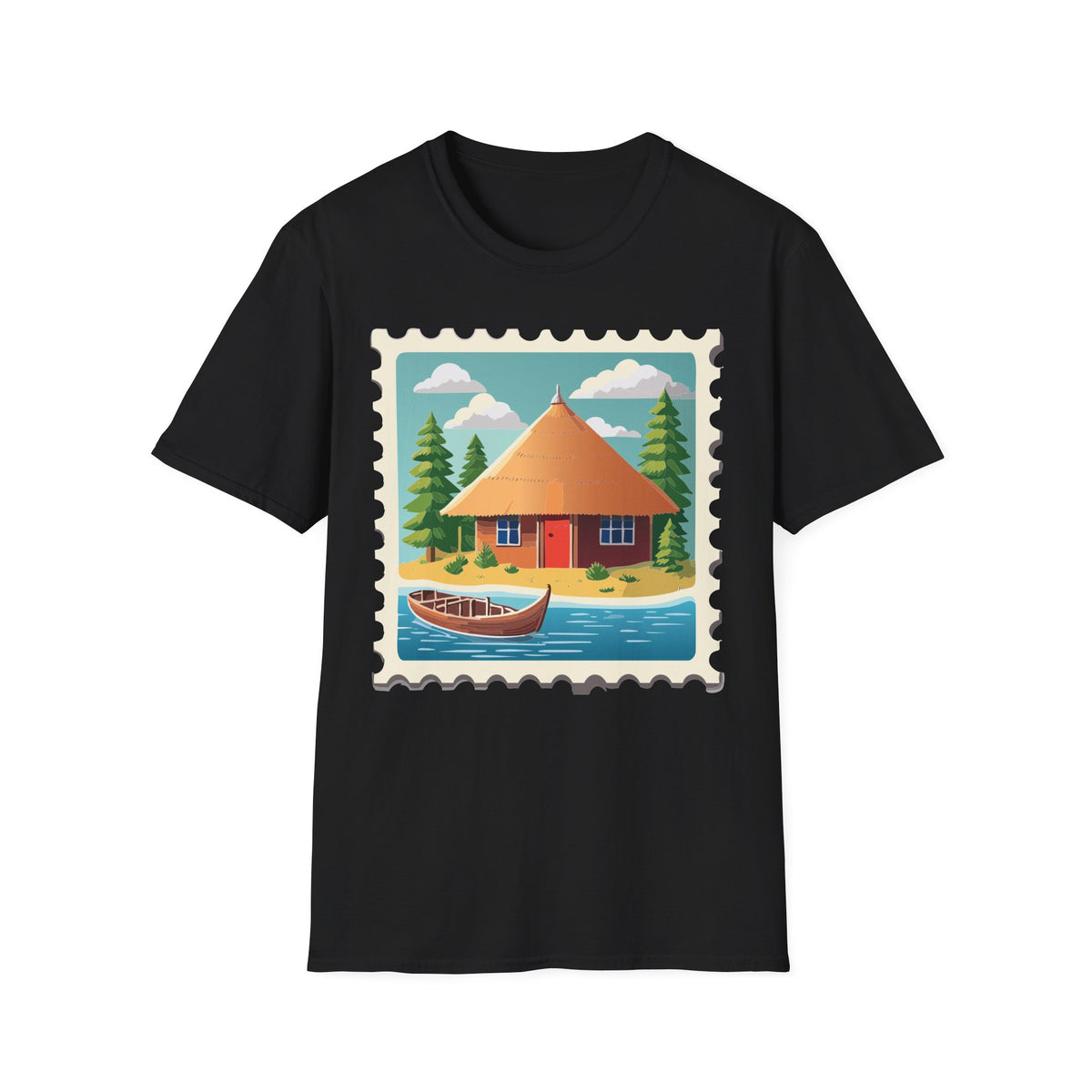 Cozy Lakeside Cottage Illustration T-Shirt | Retro Stamp Artwork
