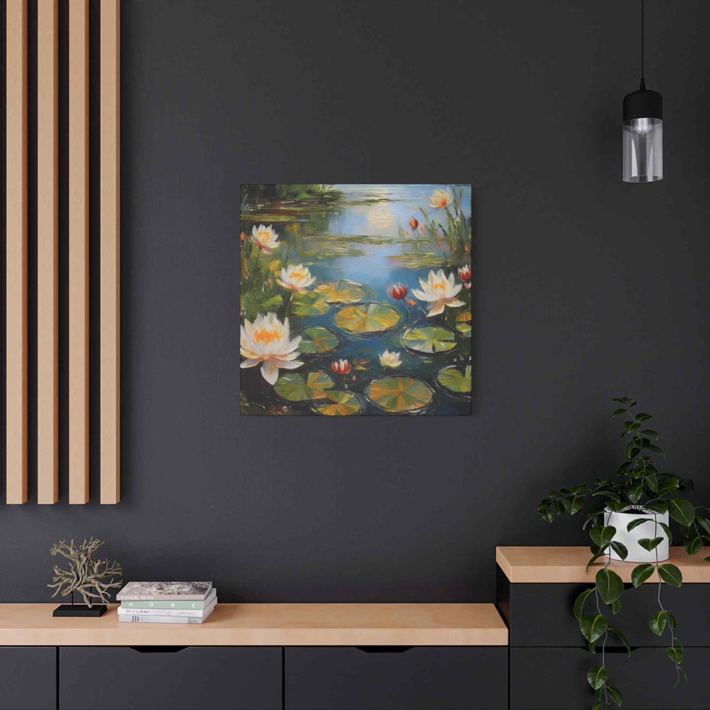 Water Lilies Print Canvas, Oil Paint Print 20x20, 24x24, 30x30, 32x32, 36x36 Floral Art Print Pine-Wood Inner Frame MC-64