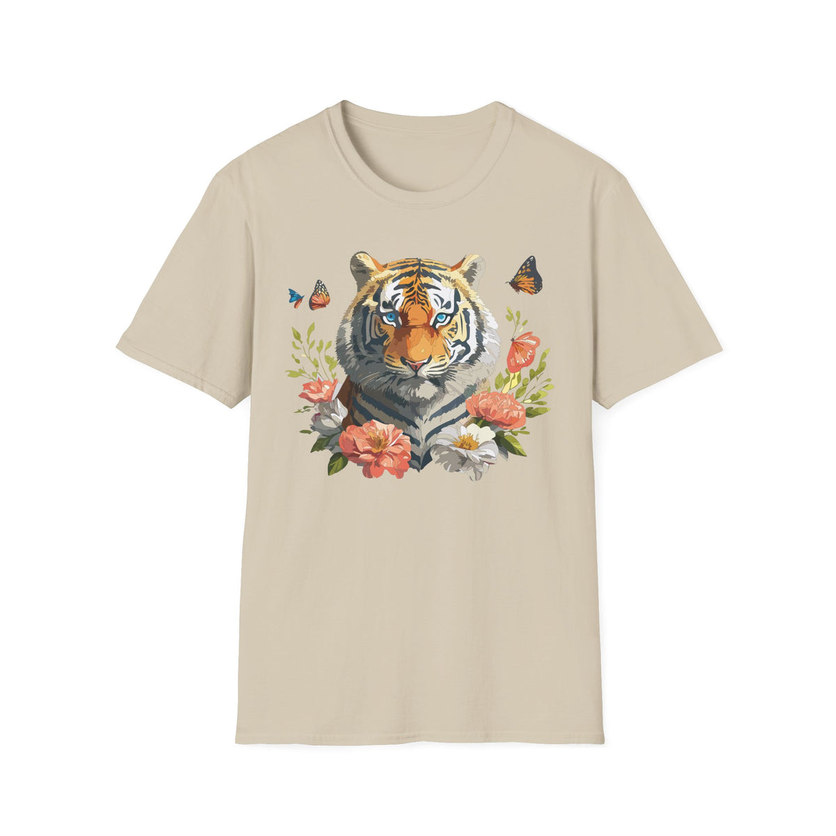 Floral Tiger Portrait T-Shirt | Watercolor Big Cat with Butterflies
