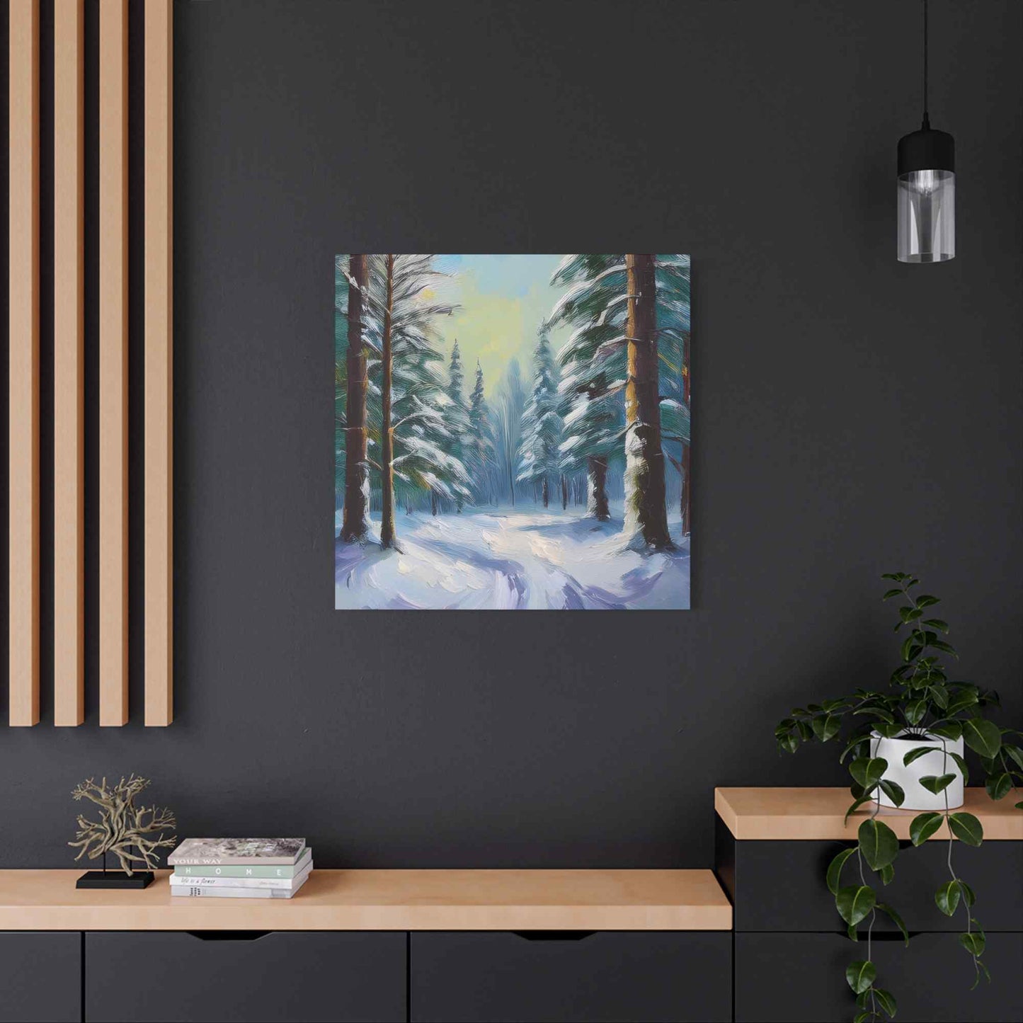 Snow Forest Print Canvas, Oil Paint Print 20x20, 24x24, 30x30, 32x32, 36x36 Art Design Print Pine-Wood Inner Frame MC-77