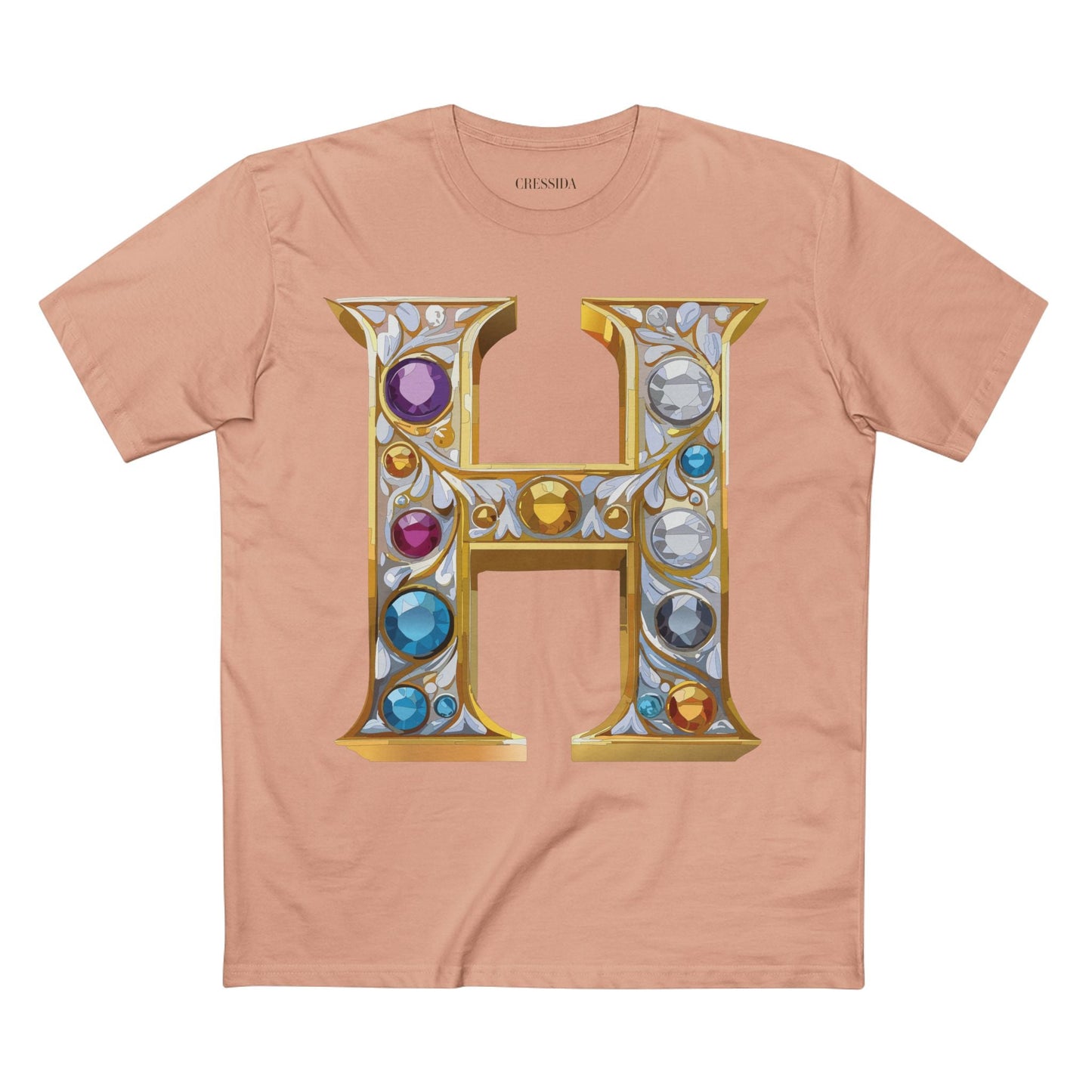 Letter H Graphic Design Tee Unisex 100 Cotton With Antique Gold Letters Artwork T-Shirt
