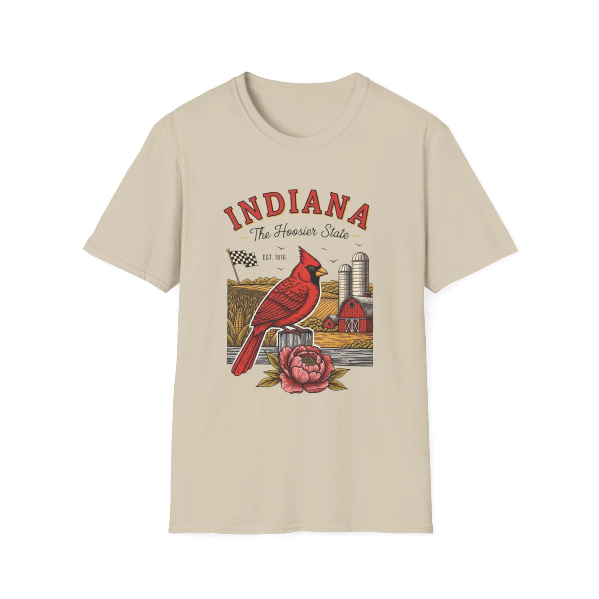 Indiana Cardinal Bird Farm Tee — Indiana The Hoosier State Graphic Travel Tourist Graphic Design Unisex 100 Cotton Gildan T-Shirt