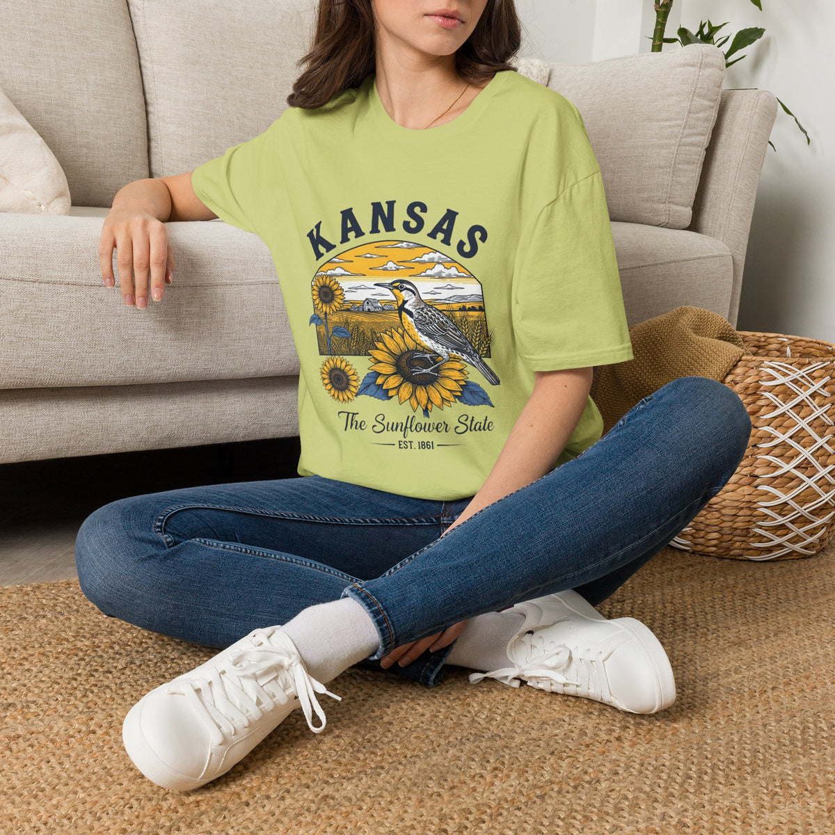 Kansas Sunflower State T-Shirt — Meadowlark Sunflowers Travel Tourist Graphic Design Unisex 100 Cotton Gildan T-Shirt