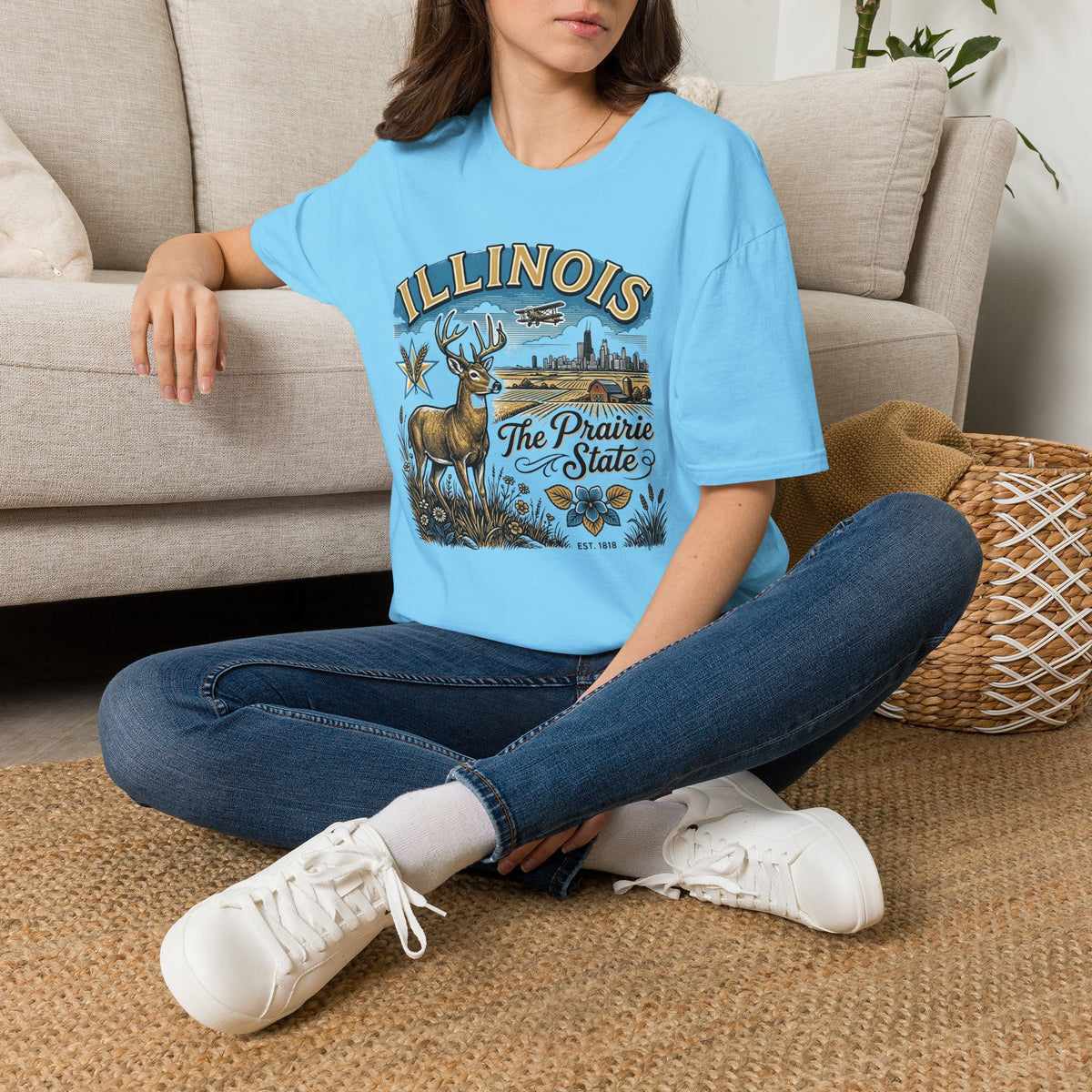 Illinois The Prairie State T-Shirt — Deer & Skyline Vintage Travel Tourist Graphic Tee Unisex 100 Cotton Gildan T-Shirt