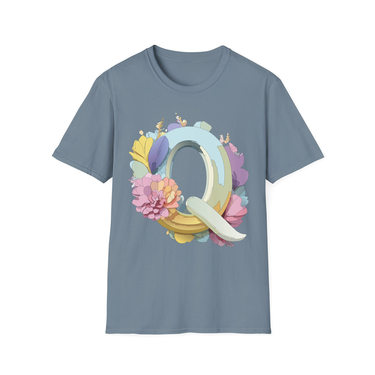 Floral Letter Q T-Shirt | Pastel Monogram Tee, Botanical Initial Shirt