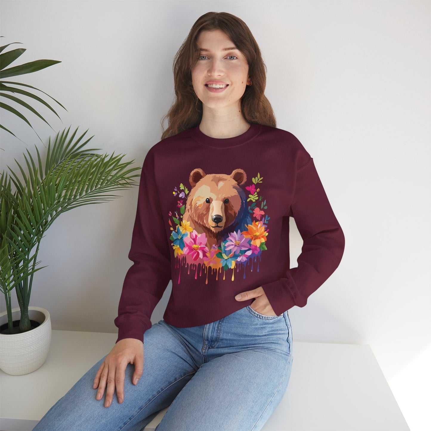 Unisex Floral Bear Sweatshirt With Art Design Animals Sweatshirt