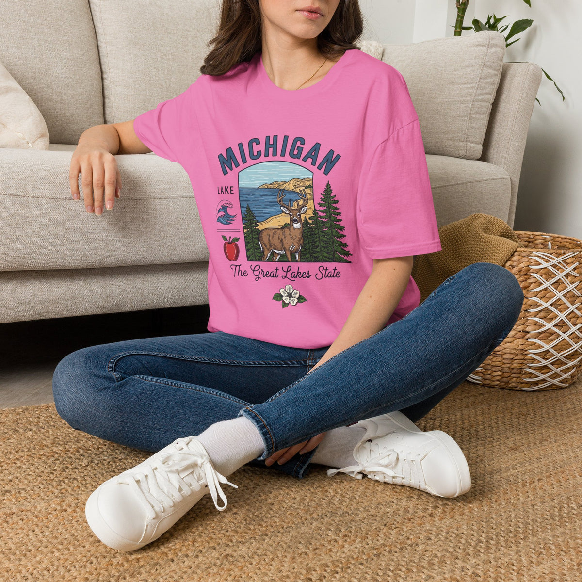 Michigan Graphic T-Shirt — The Great Lakes State Deer Lake Travel Tourist Graphic Design Unisex 100 Cotton Gildan T-Shirt